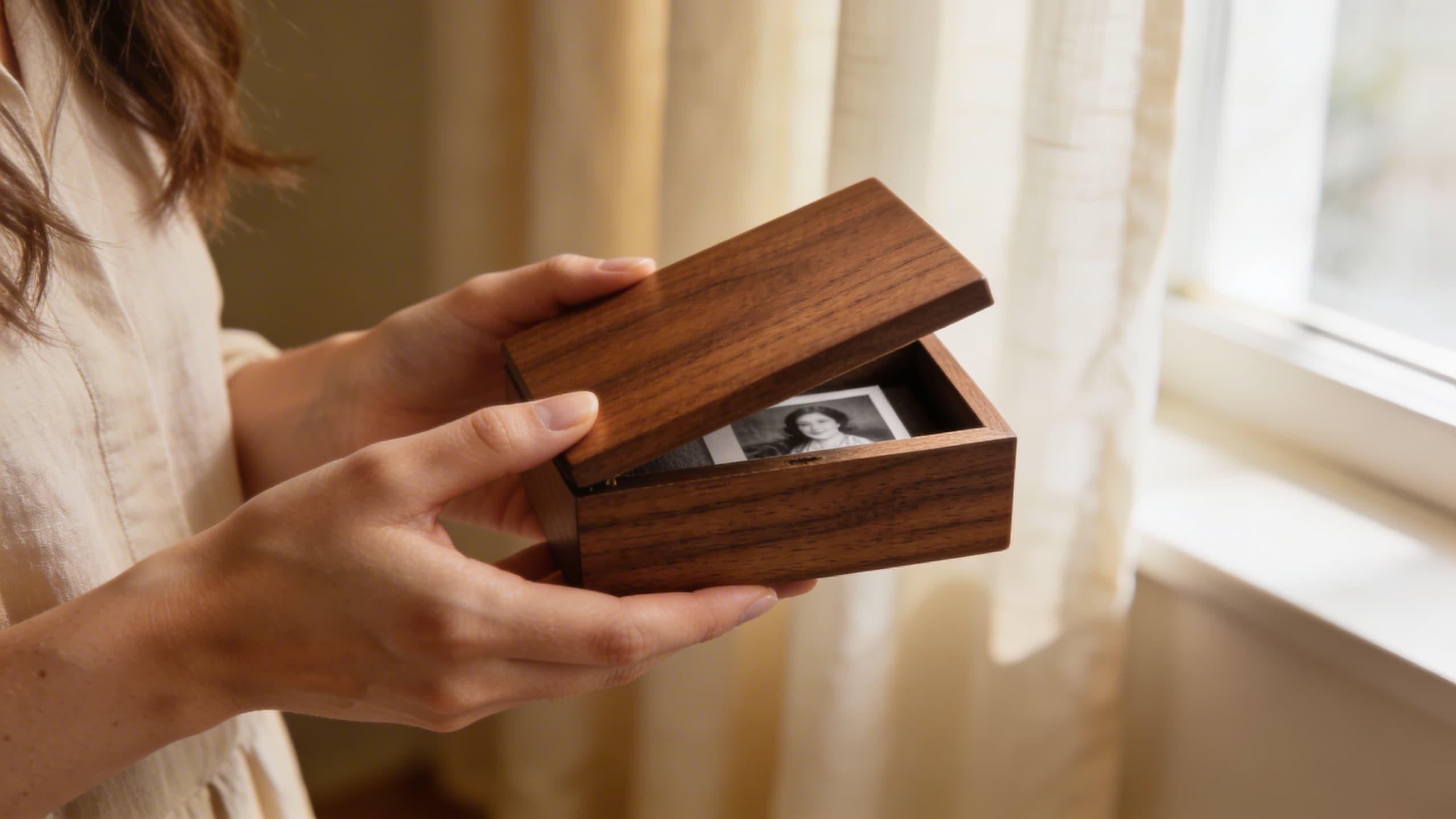 A pair of gentle hands holding a small personalized wooden keepsake box with a mother's photo visible inside, in a warm softly lit room