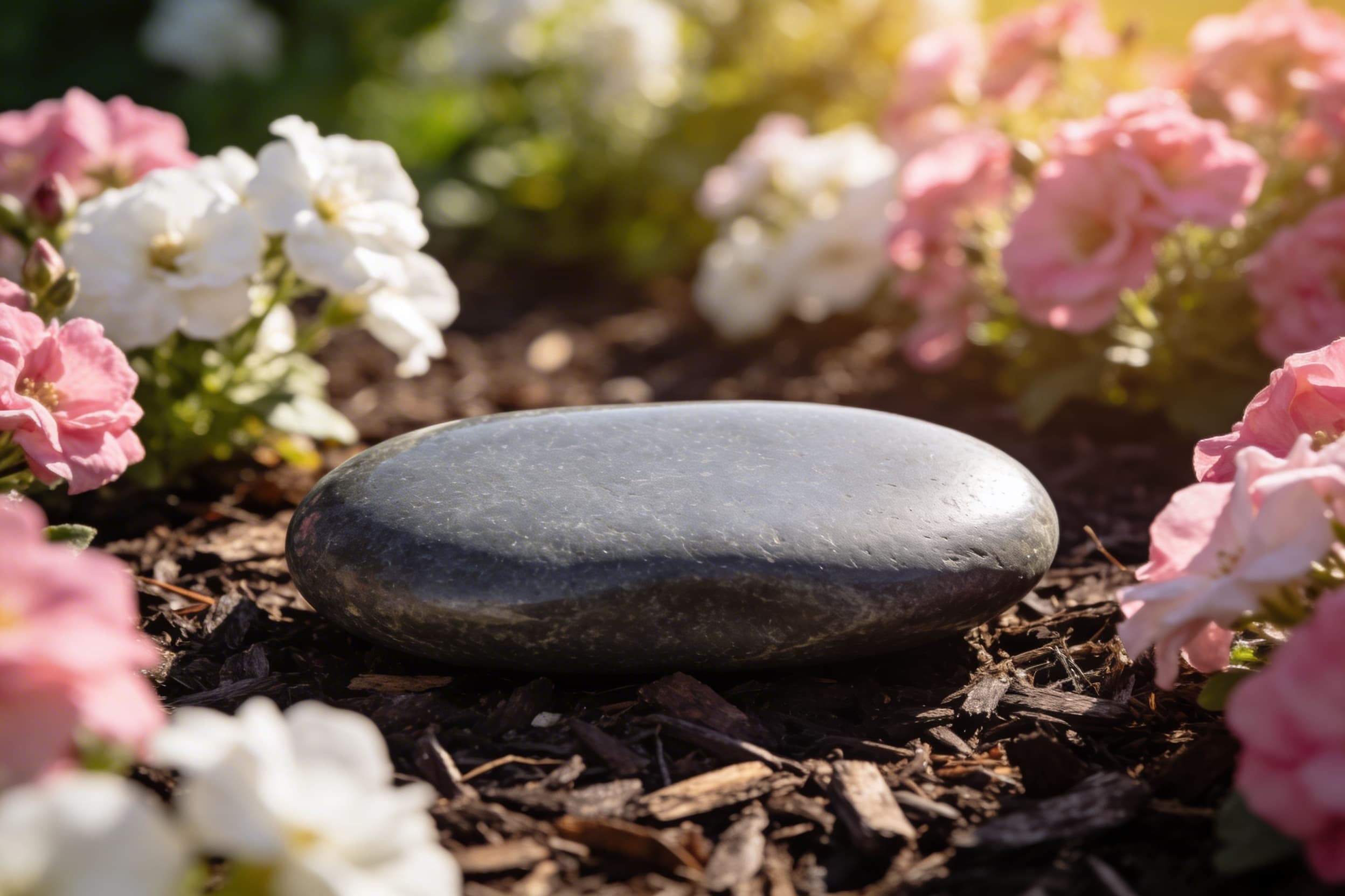 An engraved memorial garden stone placed among blooming flowers in a sunlit garden pathway
