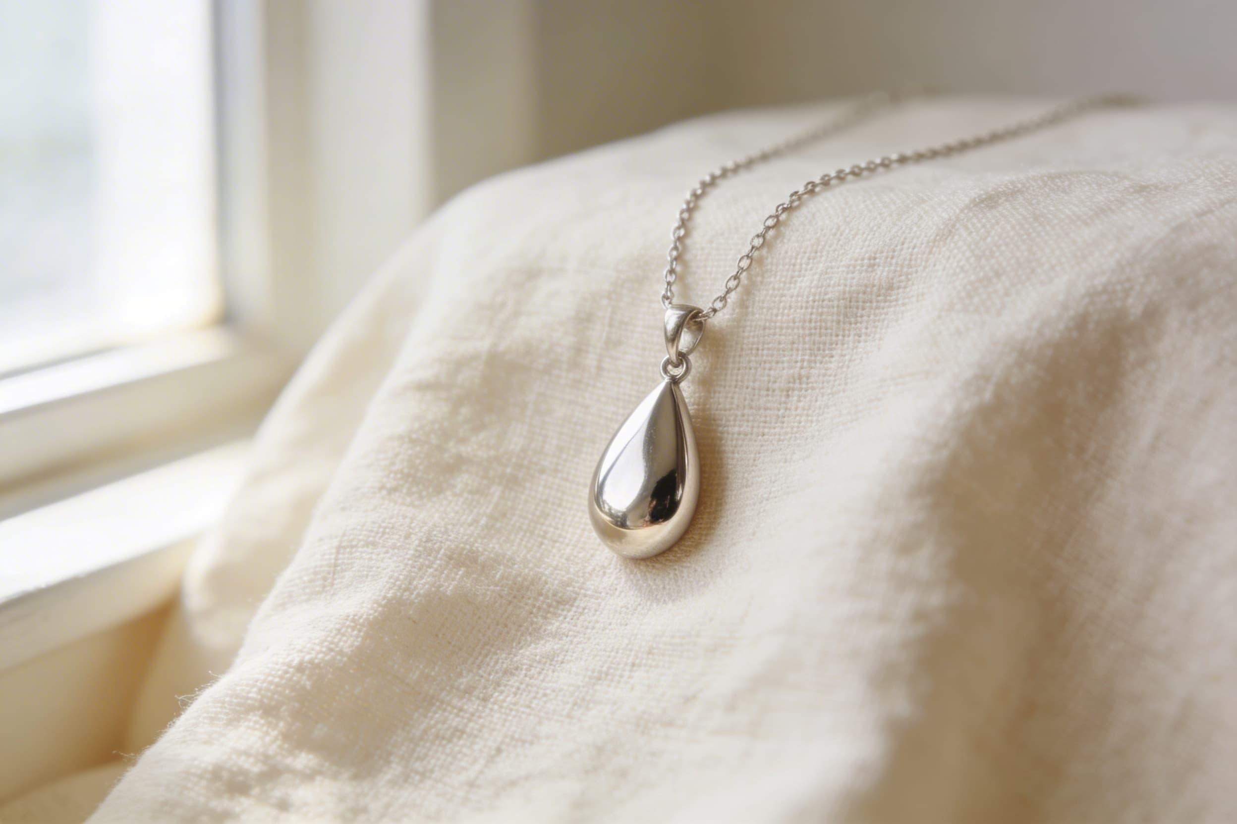 A small silver cremation jewelry pendant resting on cream linen fabric in soft natural light