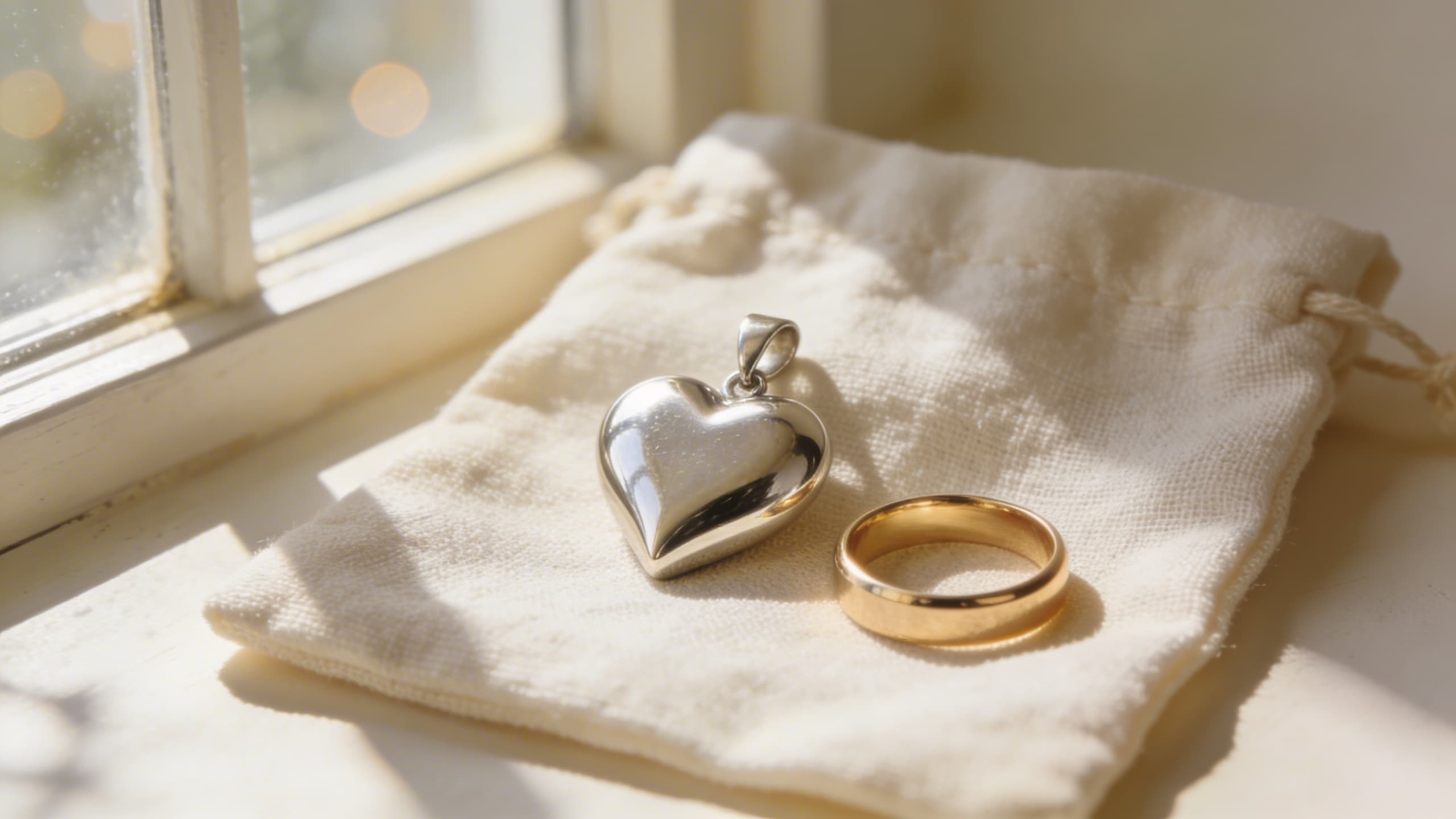 A delicate cremation jewelry pendant resting on a soft cloth beside a wedding ring in warm natural light
