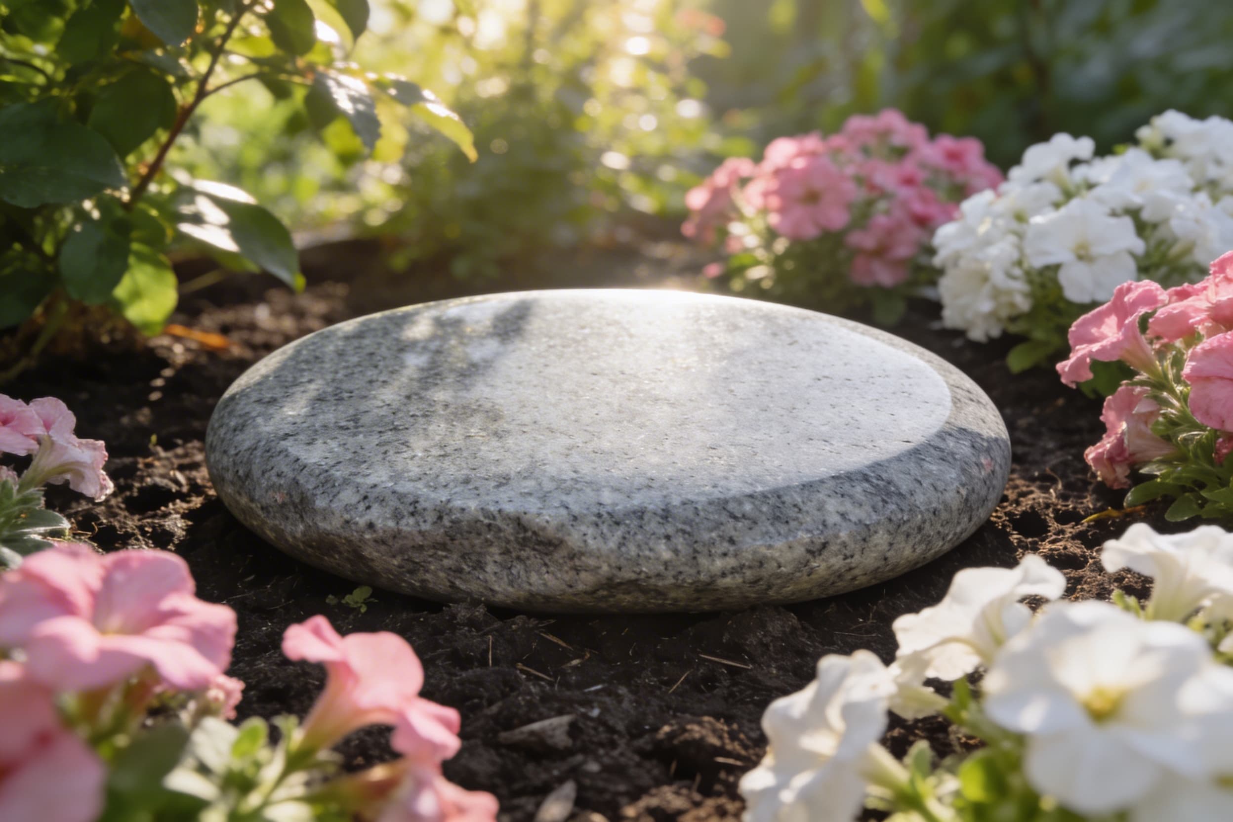 An engraved memorial garden stone placed among blooming flowers in a sunlit garden with soft green foliage in the background