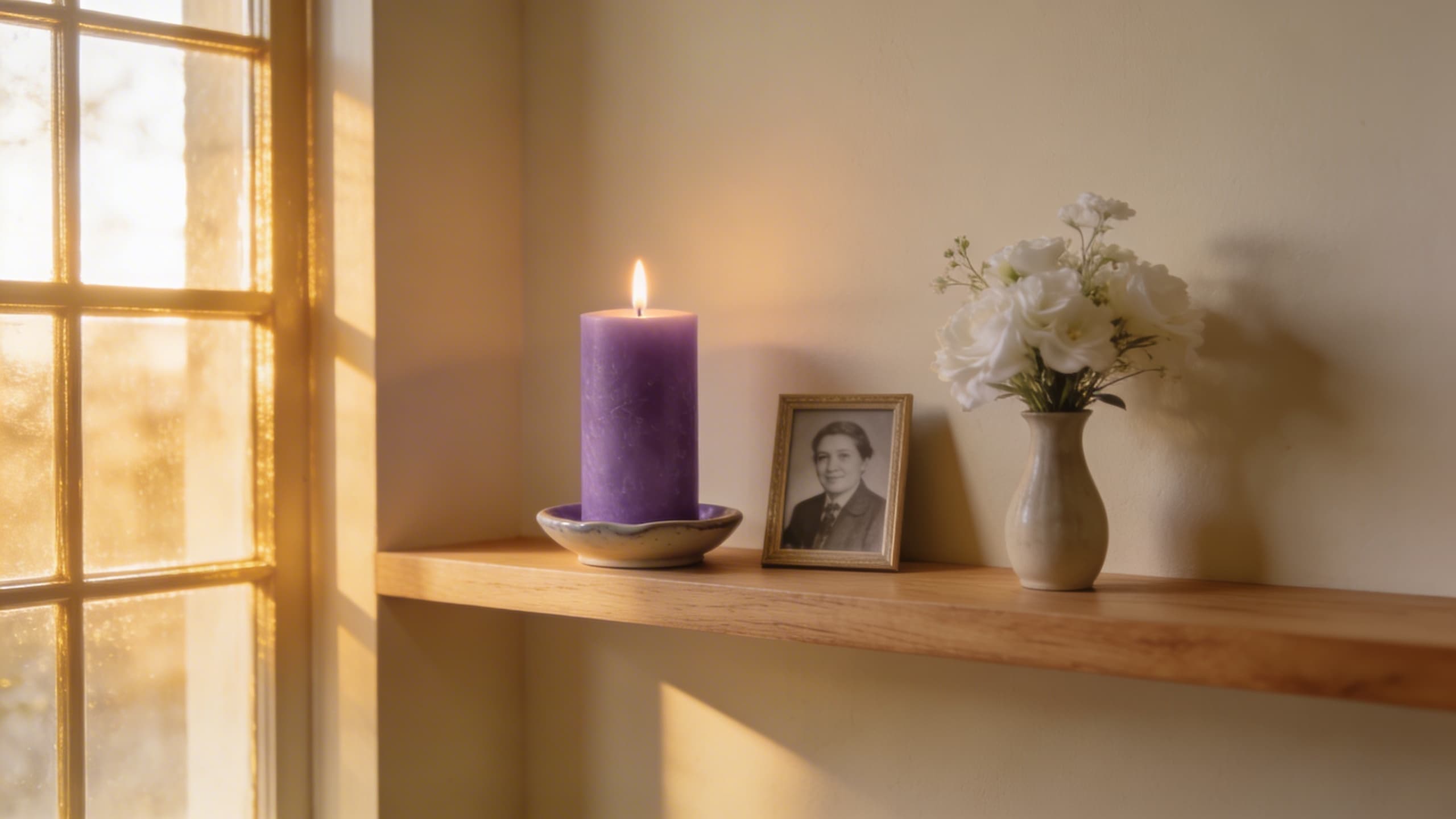 A warm home memorial display featuring a lit purple candle, framed photograph, and white flowers on an oak shelf