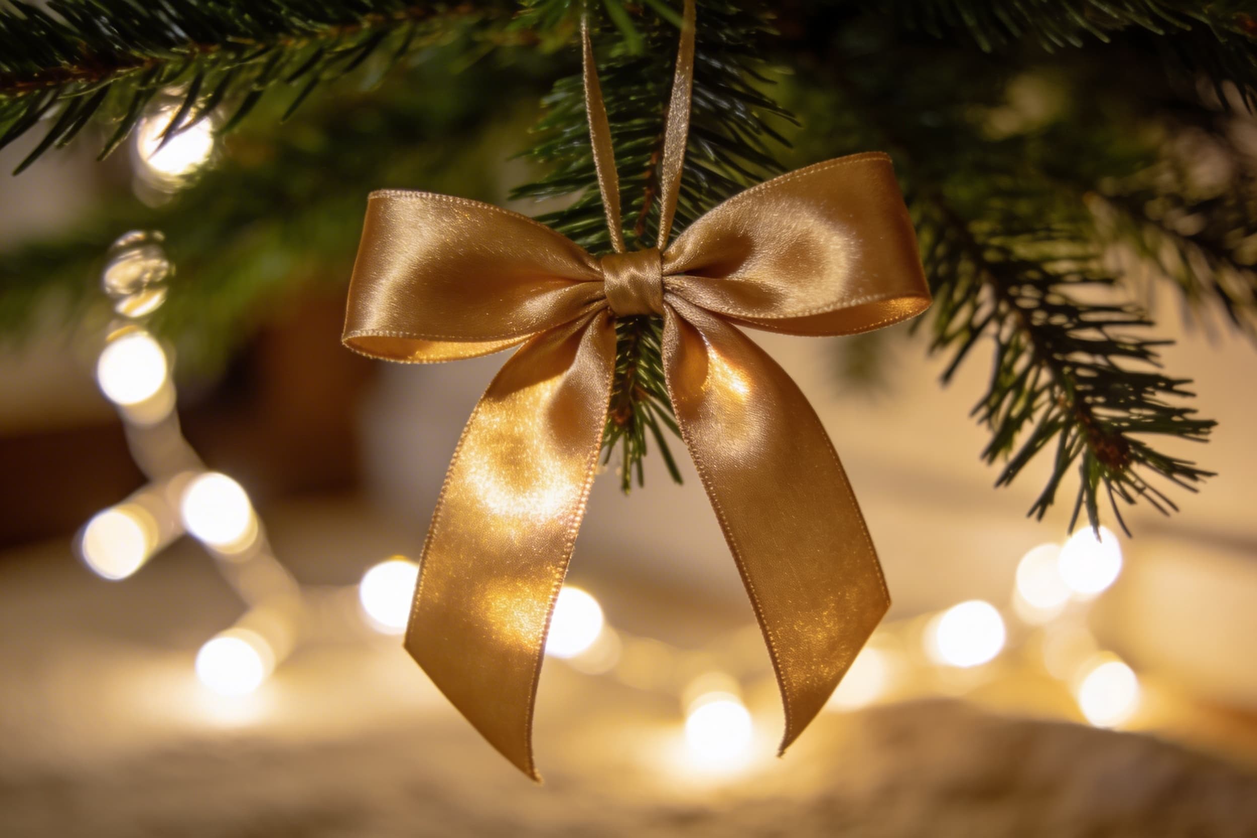 A gold memorial ribbon tied to a Christmas tree branch with warm white lights softly glowing in the background