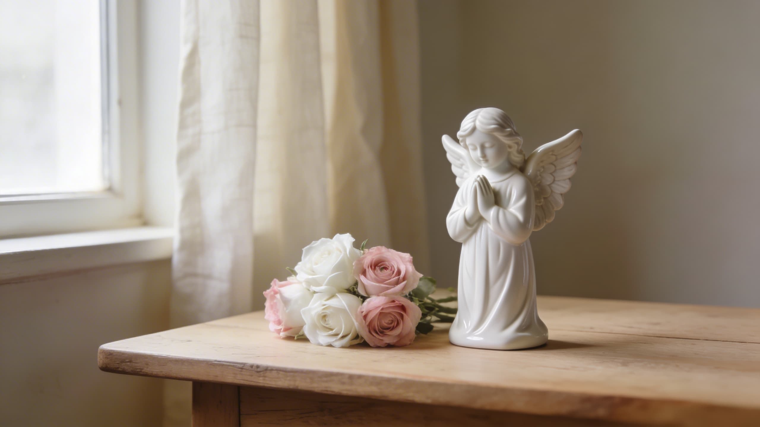 A small white ceramic angel figurine with folded wings beside soft white and blush pink roses on a light wood table in warm natural light
