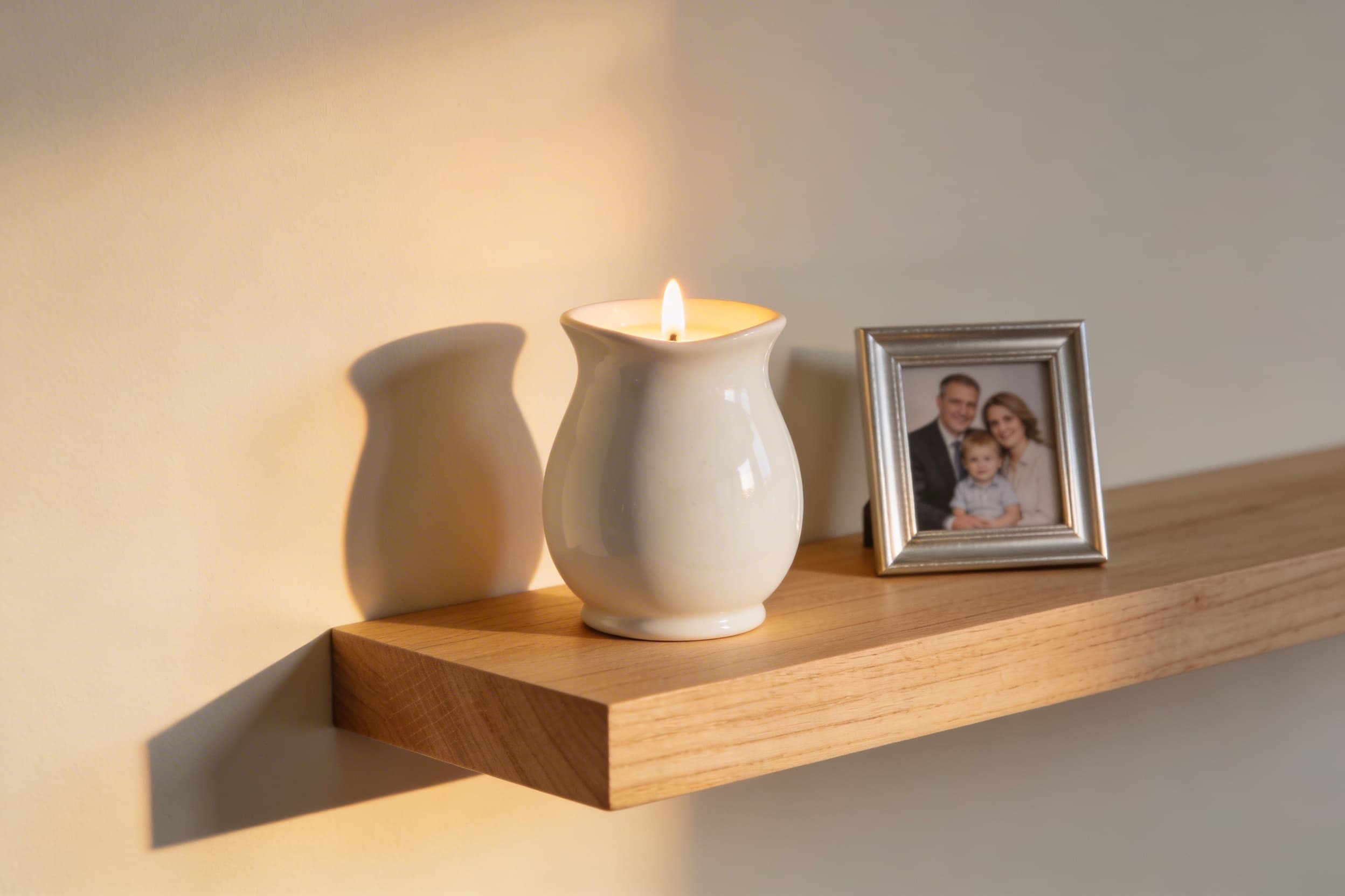 An elegant memorial candle holder with a softly glowing candle placed on a wooden shelf beside a small framed photograph