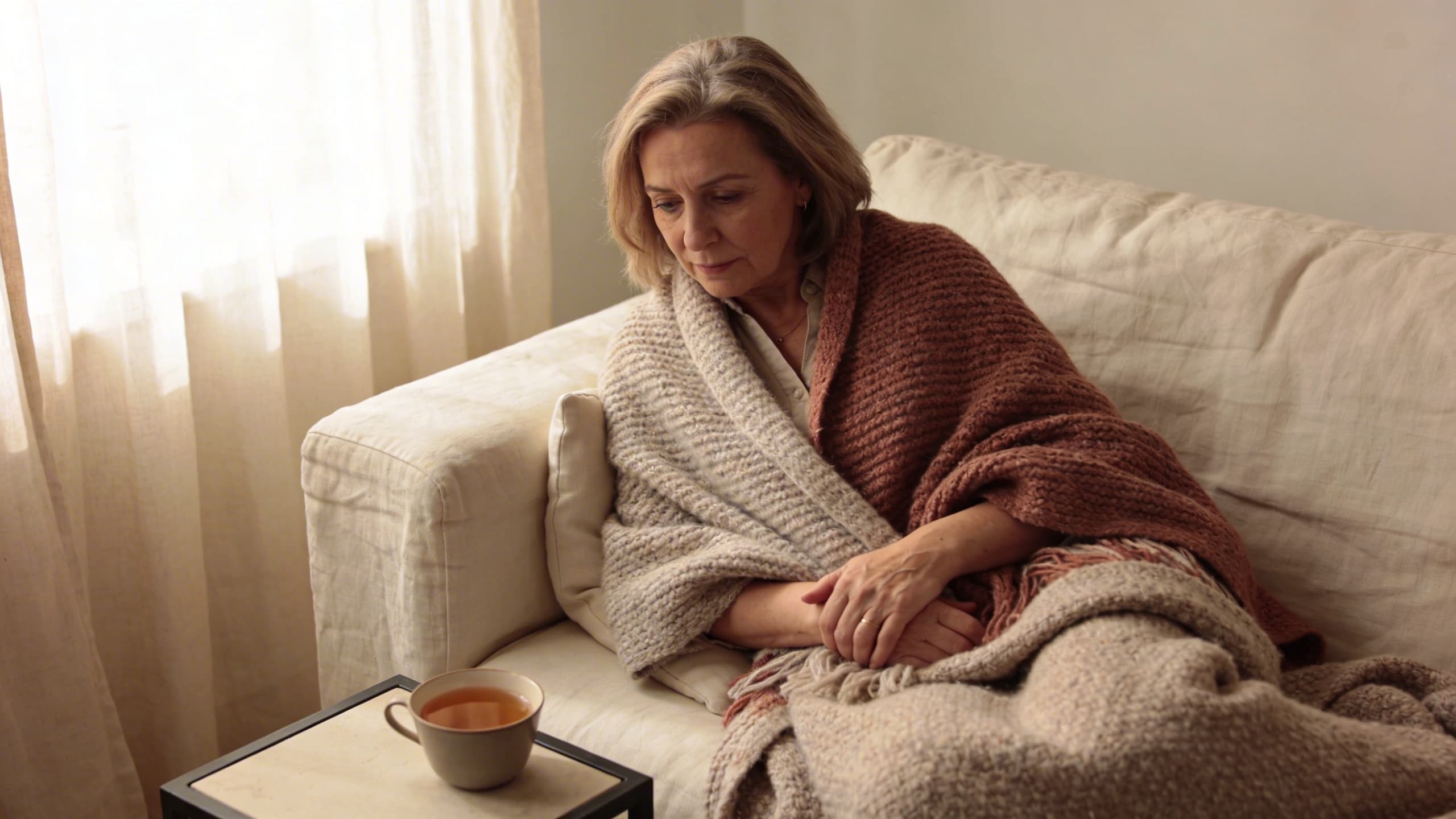 A woman resting on a couch wrapped in a warm blanket with soft natural light from a nearby window