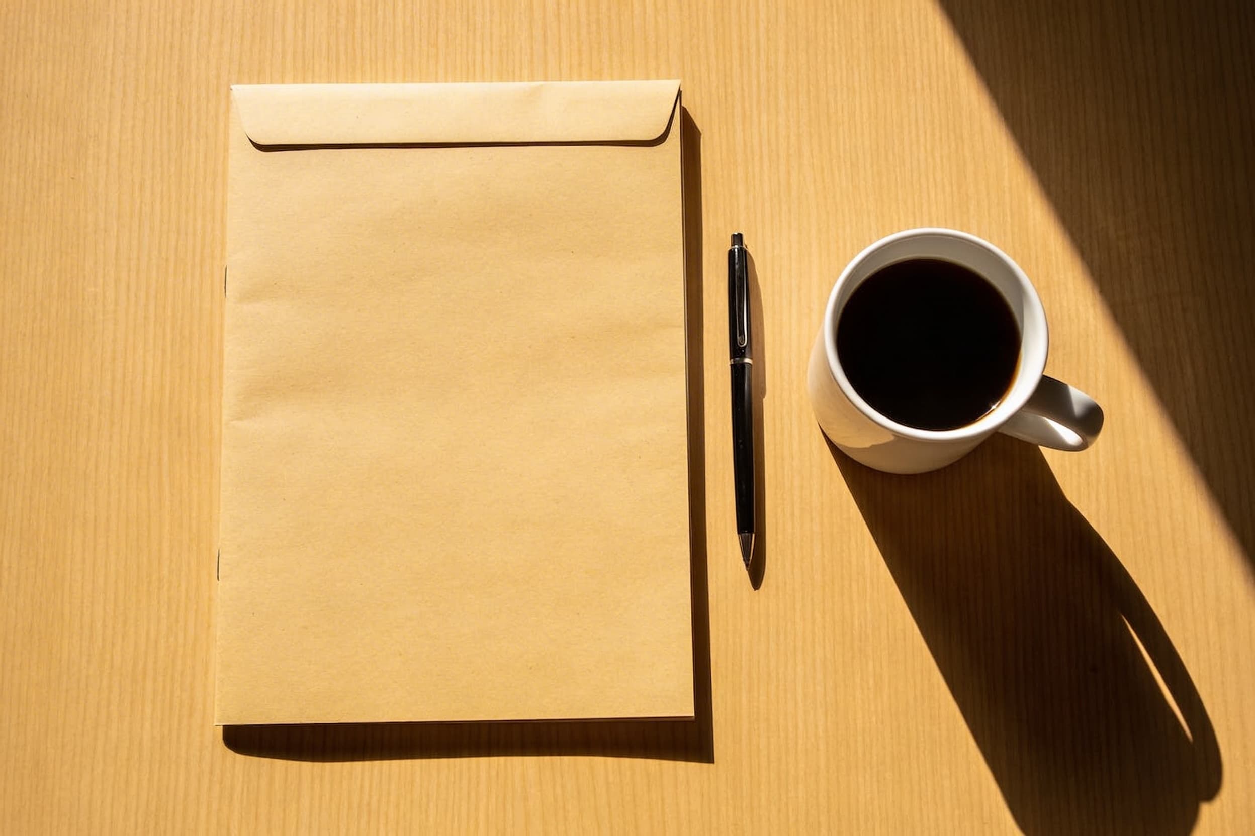 A neatly organized desk with important documents, a death certificate folder, and a cup of coffee in morning light