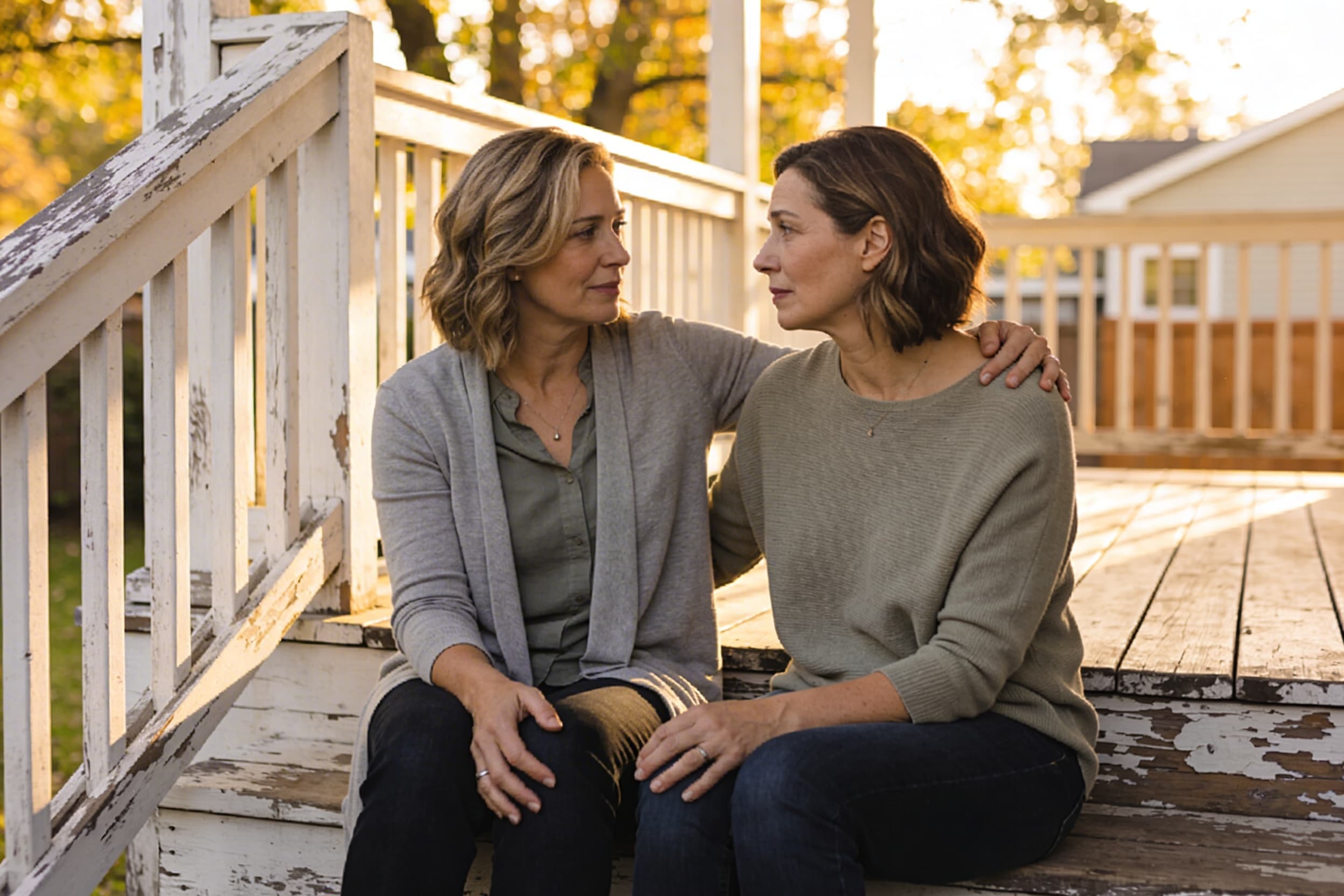 Two friends sitting together on porch steps, one offering comfort with a hand on the other's shoulder in warm afternoon light