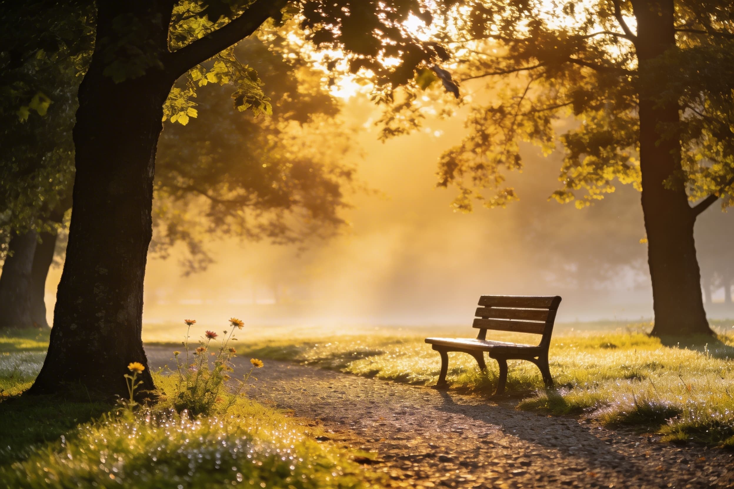 A peaceful sunrise casting golden light over an empty park bench surrounded by trees in a quiet memorial garden