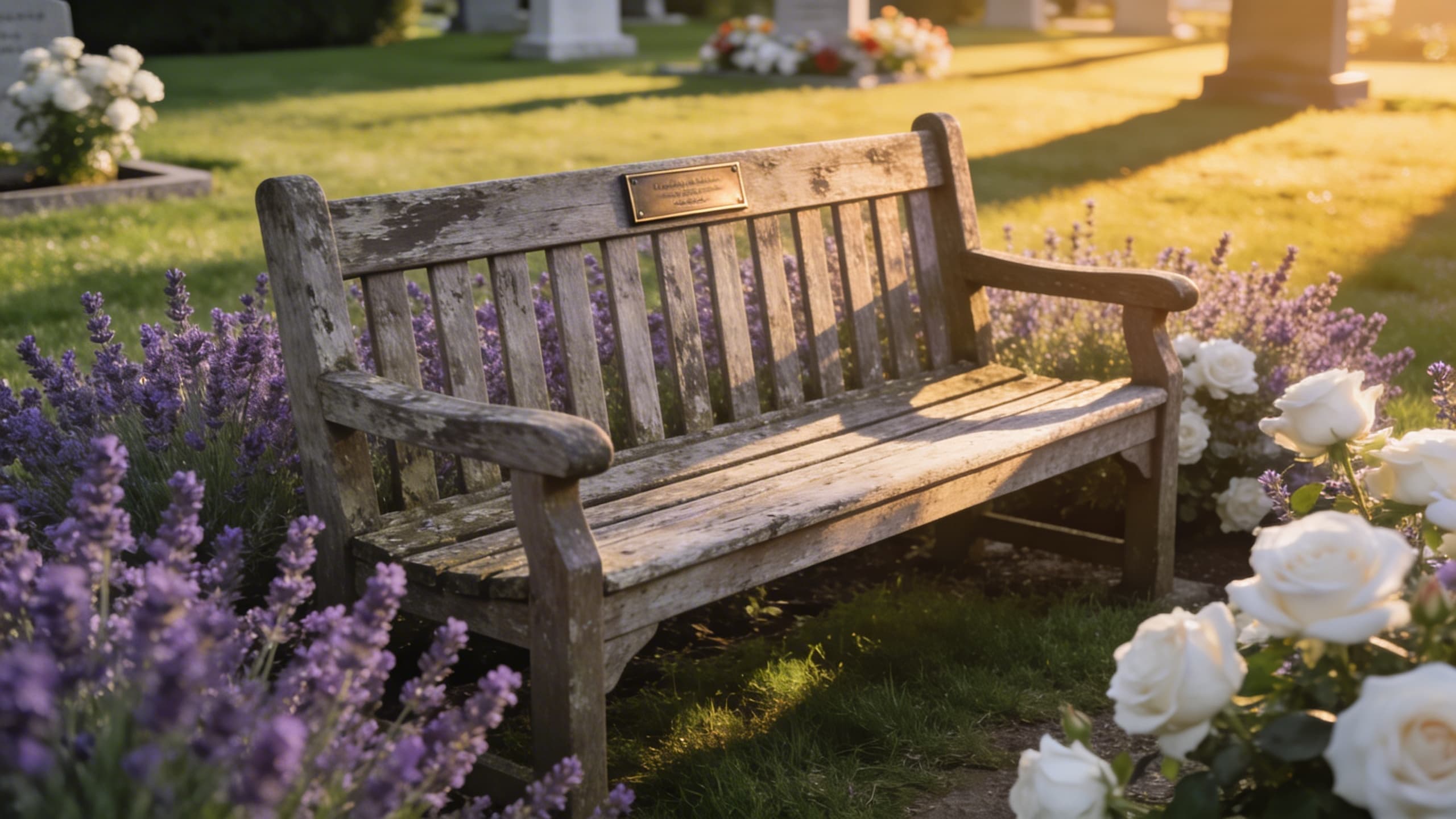 A memorial garden bench surrounded by flowers and soft golden hour light in a peaceful cemetery setting