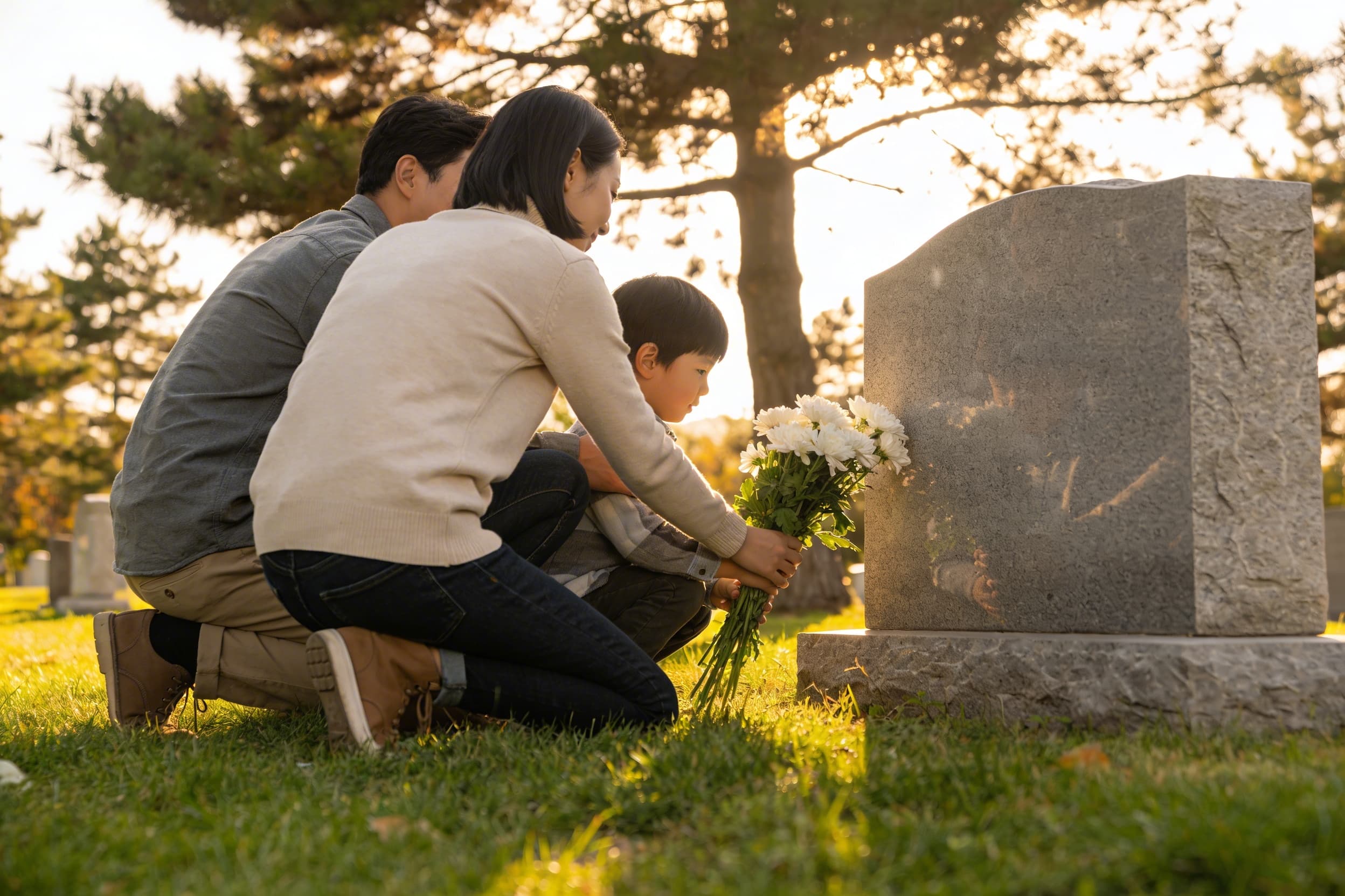 A family placing fresh flowers beside a headstone in a green cemetery with soft morning light filtering through trees
