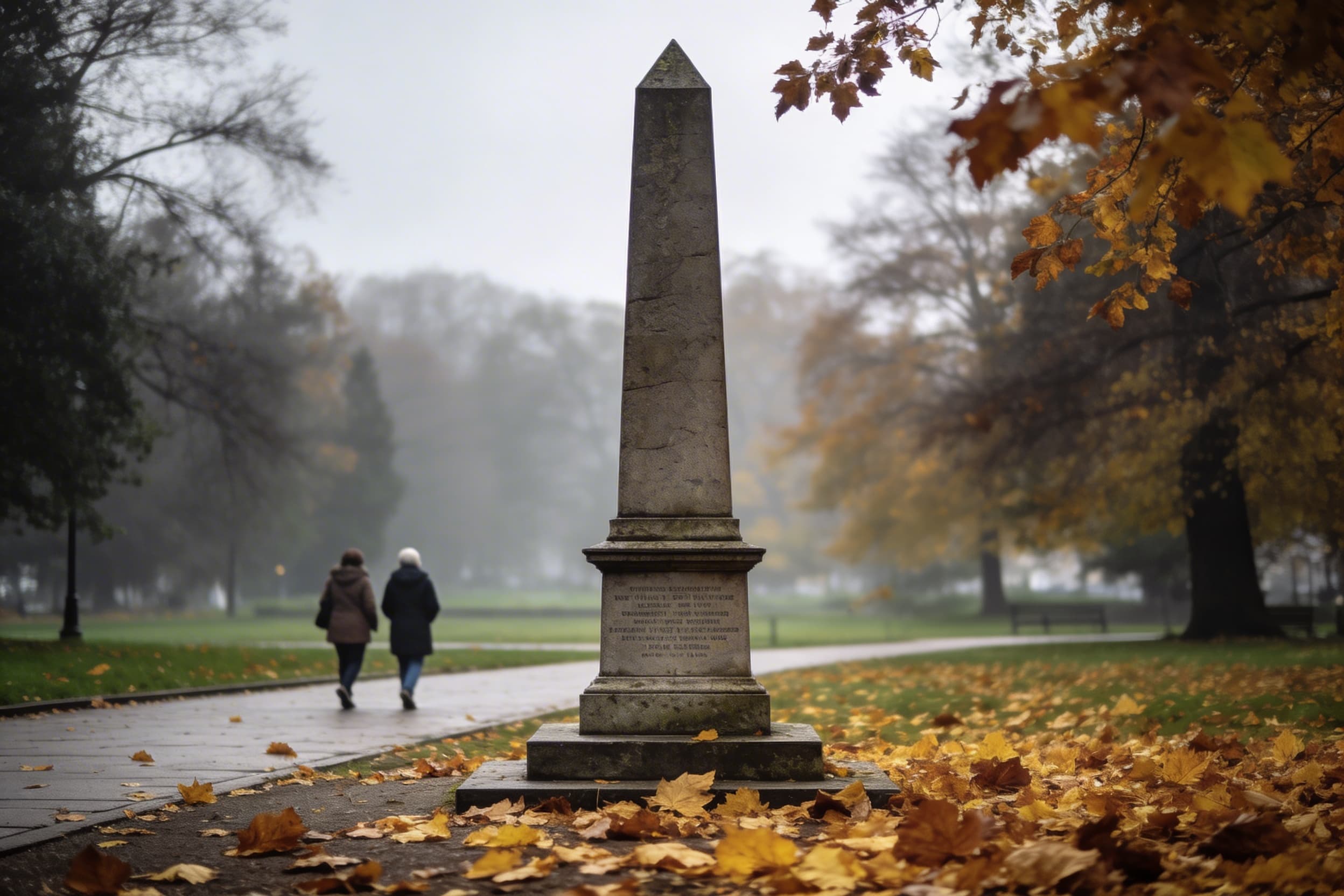 Visitors walking past a solemn war memorial monument in a public park on an overcast day with fallen leaves on the ground