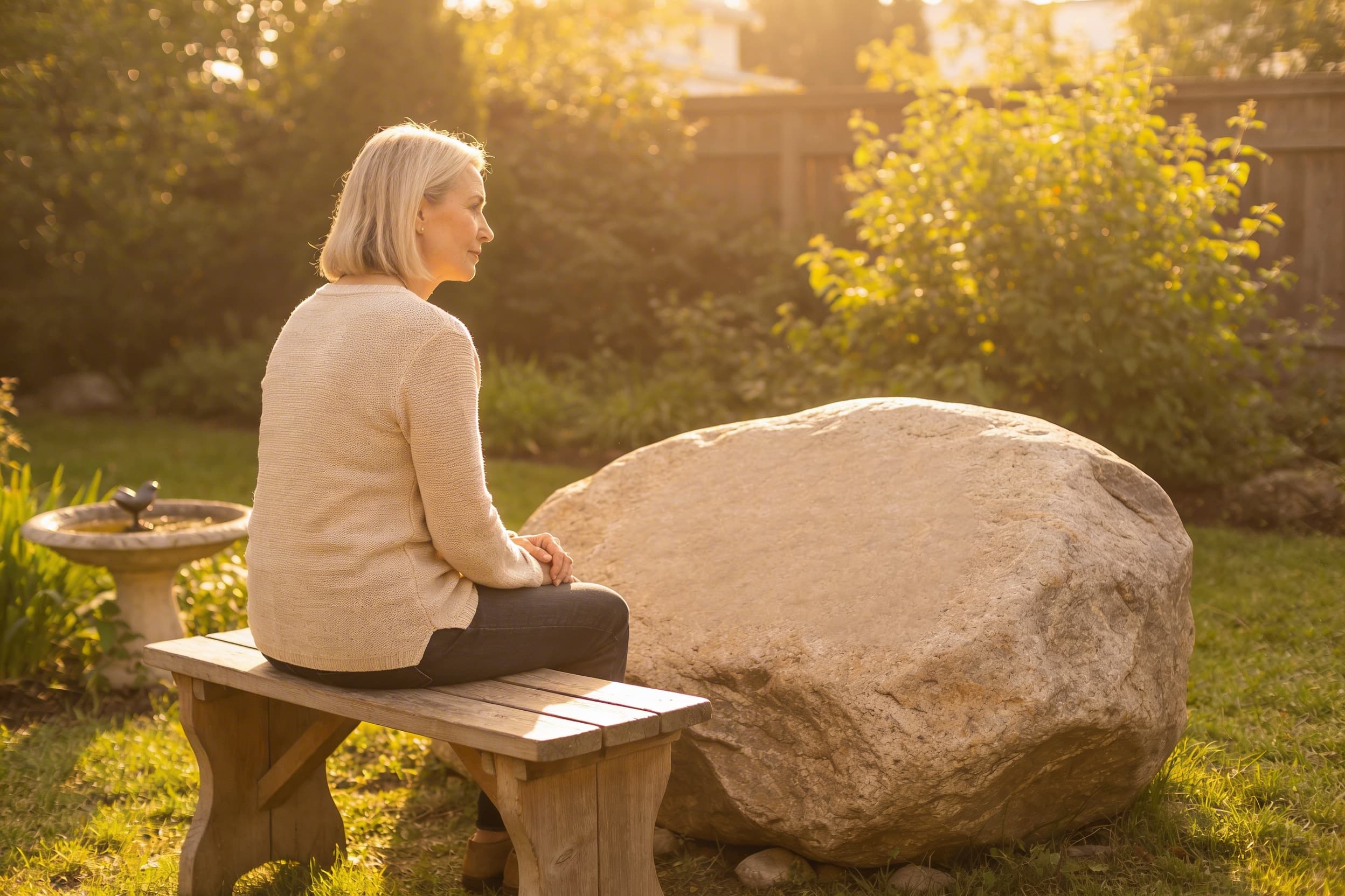 A woman sitting quietly on a bench beside a memorial stone in a peaceful garden with soft afternoon light