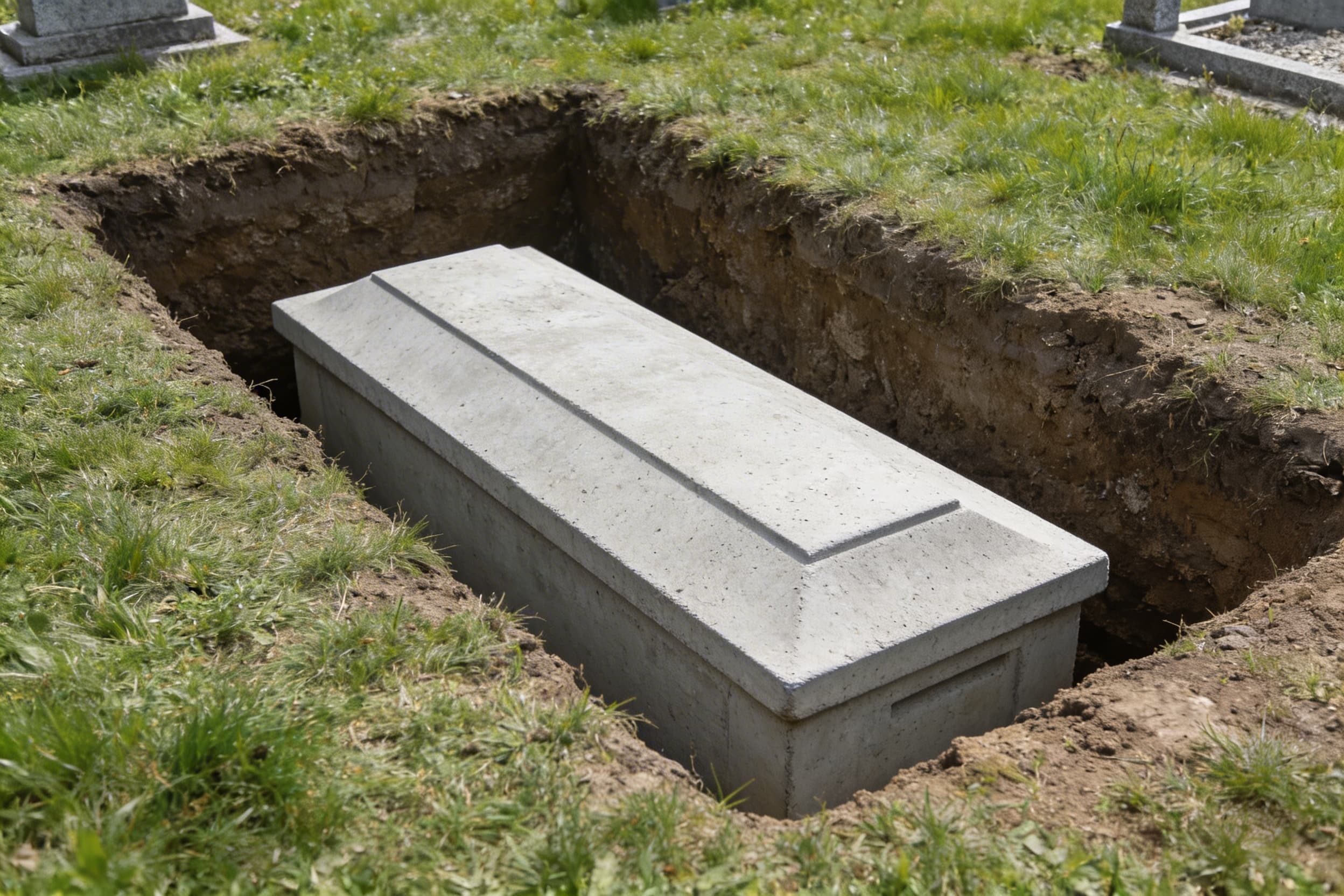 A concrete burial vault being positioned in an open cemetery grave with green grass surrounding the excavation