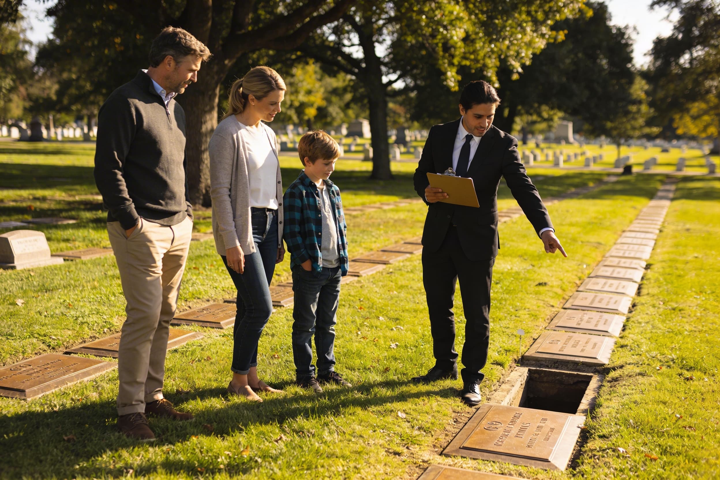 A family standing with a cemetery director beside a row of flat grave markers while reviewing paperwork on a sunny afternoon