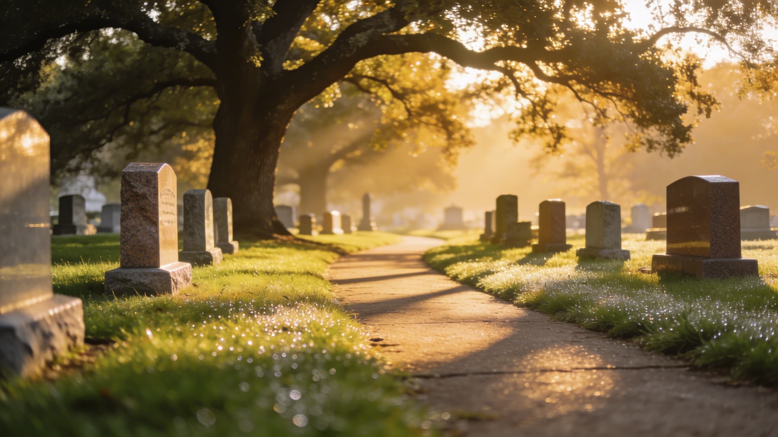 Cemetery pathway at daybreak with multiple upright headstones under a tree.