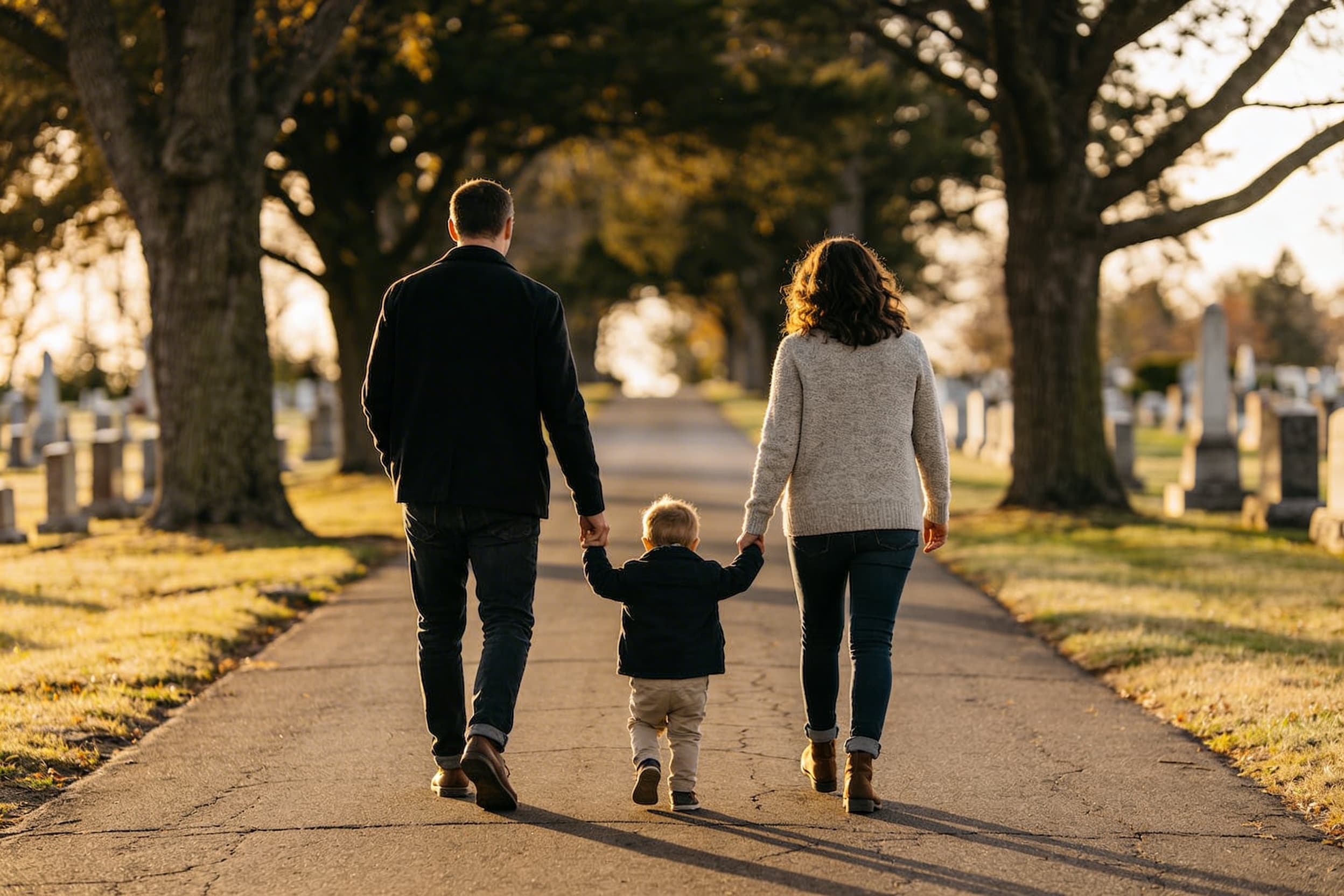 A family walking together in a cemetery.