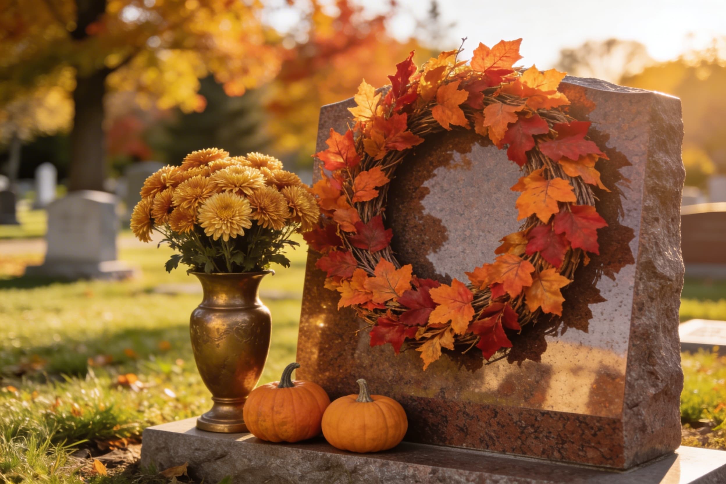 A cemetery gravesite decorated for autumn with a fall leaf wreath, golden chrysanthemums in a bronze vase, and miniature pumpkins at the base of a granite headstone