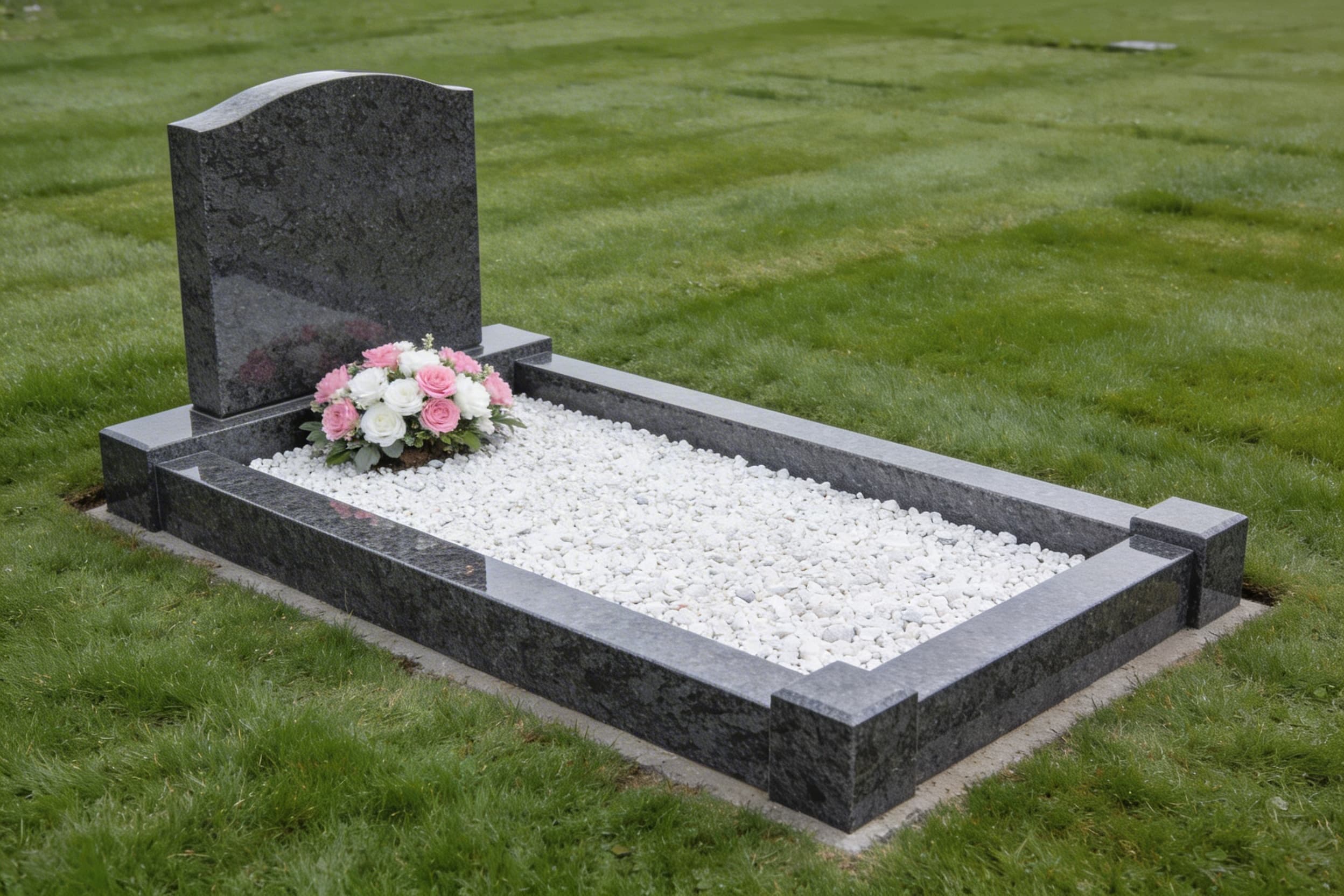 A polished granite coping border framing a well-maintained cemetery grave with a granite headstone, white gravel fill, and a small arrangement of flowers