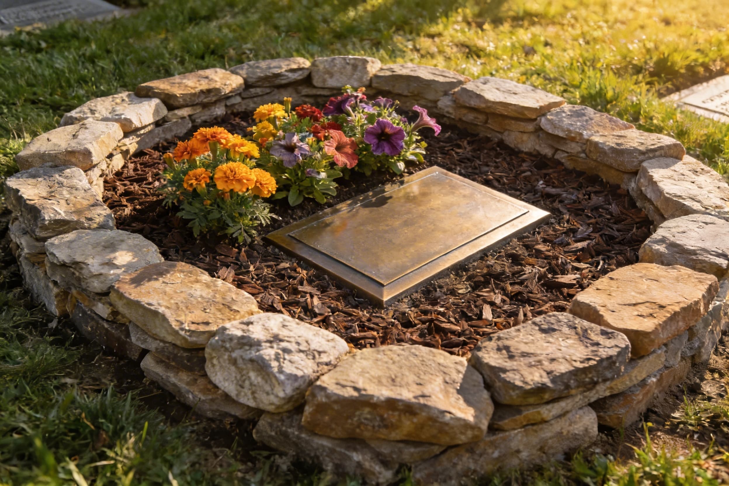 A natural stone border surrounding a grave plot filled with dark mulch and colorful planted flowers next to a flat grave marker