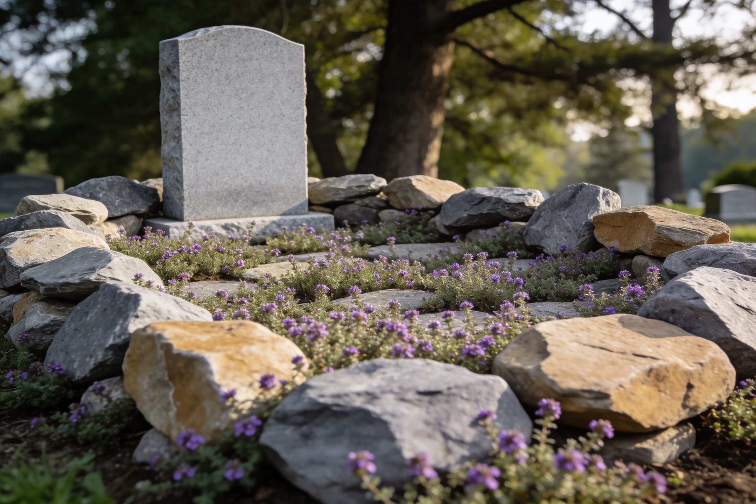 A rustic arrangement of natural fieldstone pieces forming an informal border around a cemetery grave with creeping ground cover growing between the stones