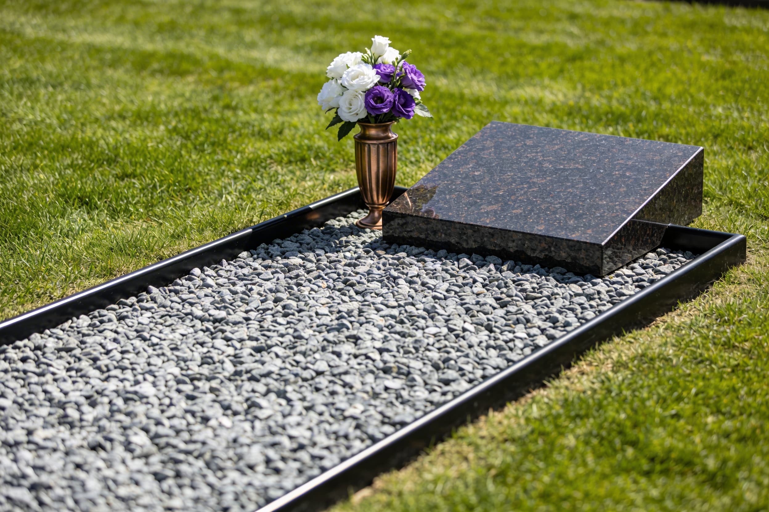A clean, well-maintained cemetery plot with low metal edging, a polished headstone, and a seasonal arrangement of white and purple flowers