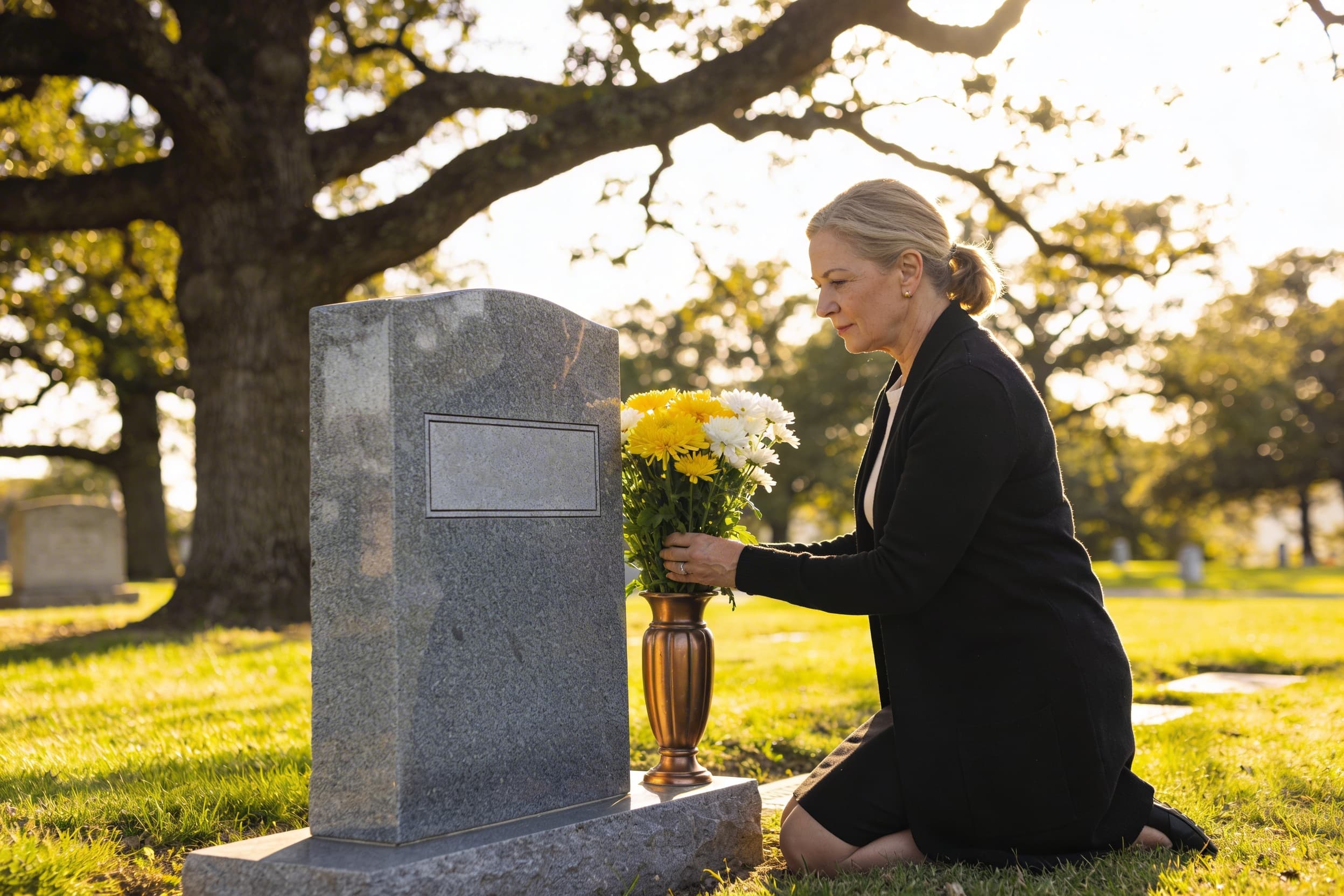 A family placing fresh summer flowers at a well-maintained gravesite on a sunny afternoon with green grass and mature trees in the background