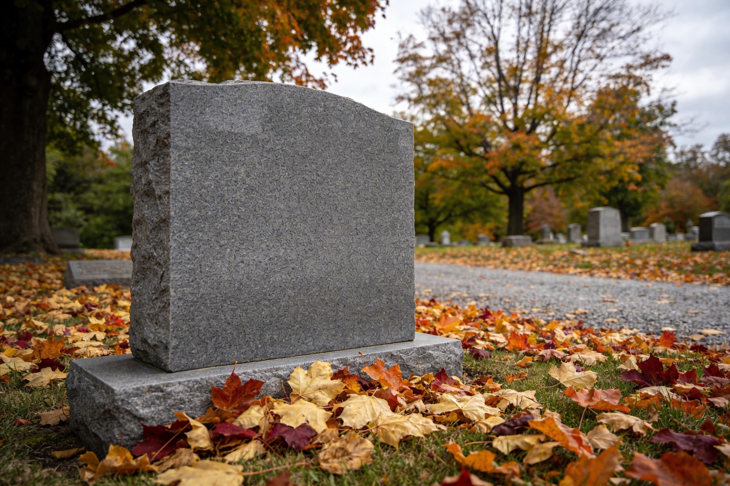 A granite headstone surrounded by golden and red autumn leaves in a peaceful cemetery with trees in fall foliage