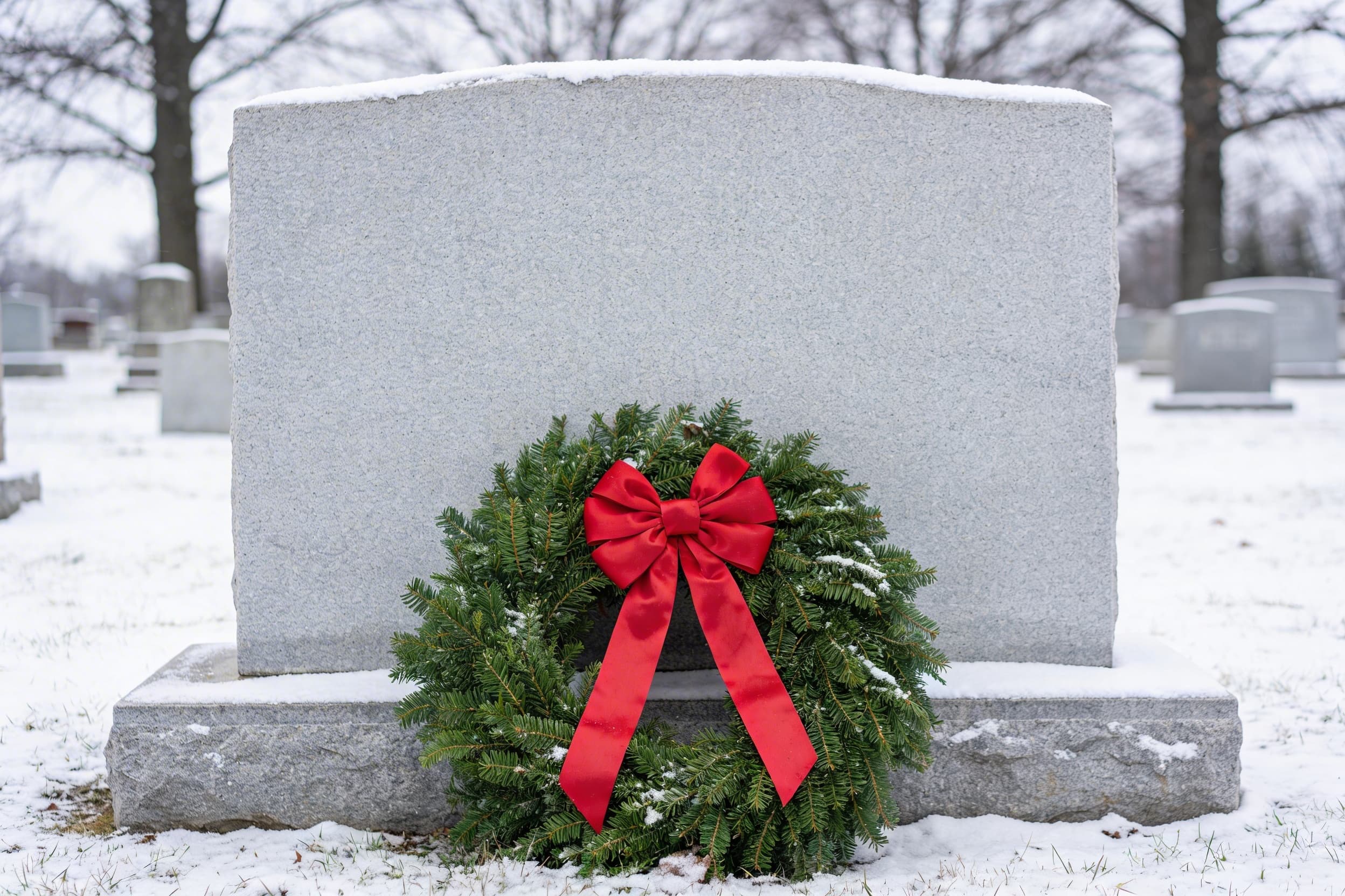 A fresh evergreen wreath with a red bow placed against a snow-dusted granite headstone in a quiet winter cemetery