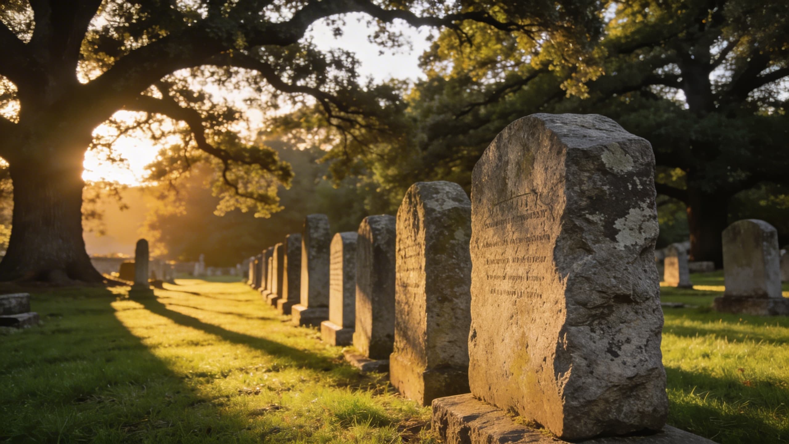 Warm golden hour light casting long shadows across a row of historic cemetery headstones with trees in the background