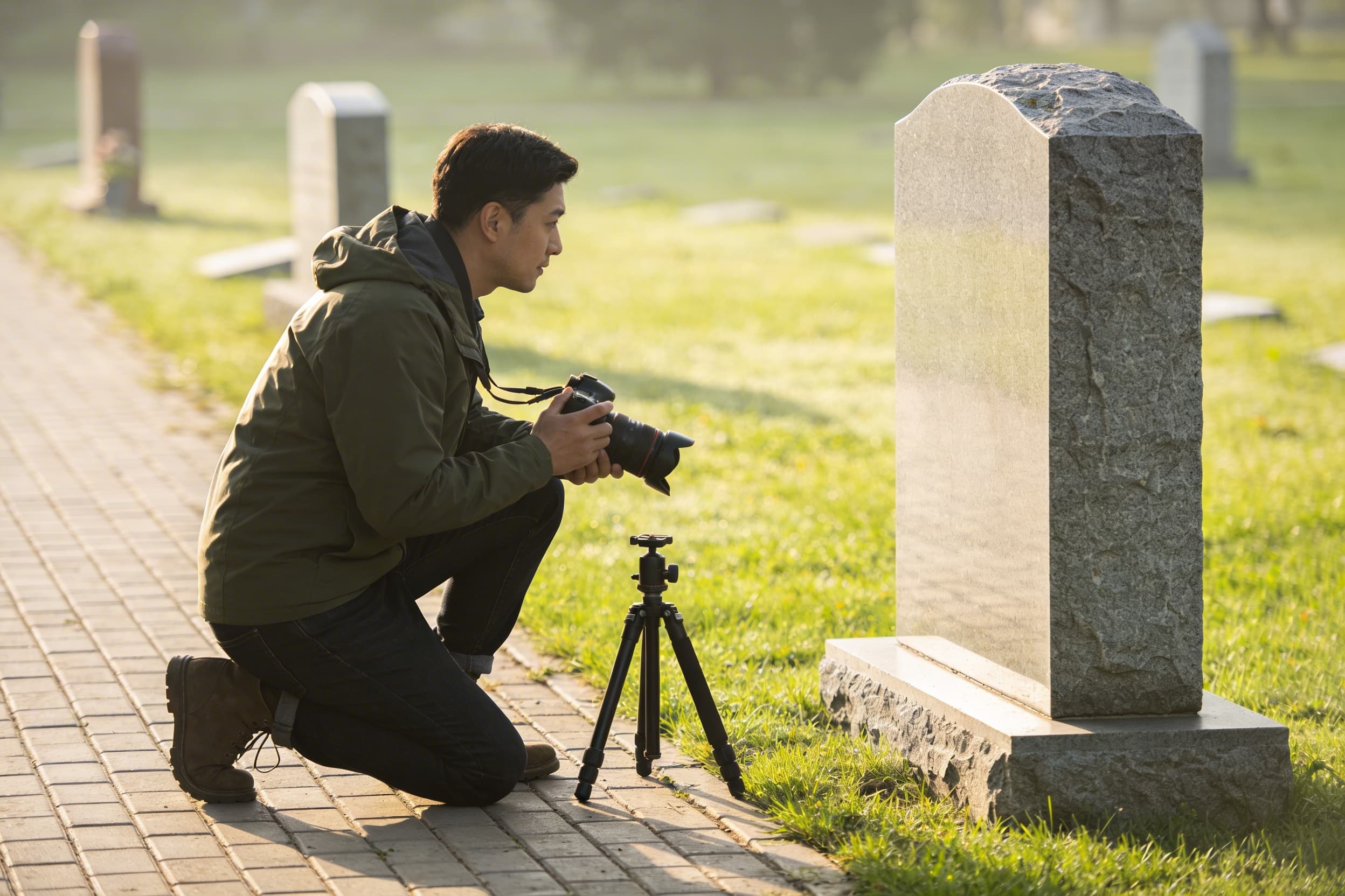 A photographer kneeling on a path beside a cemetery headstone with a camera and tripod in soft morning light