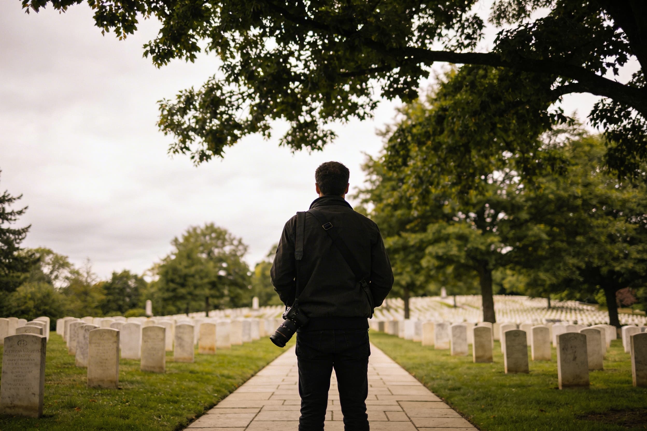 A photographer standing on a paved cemetery path at a respectful distance from headstones with a camera bag over one shoulder