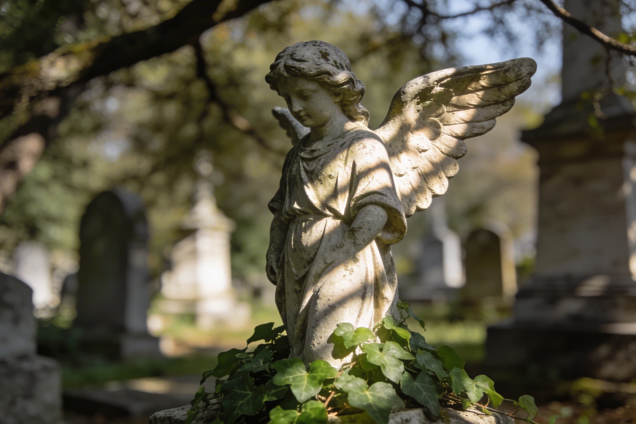 A weathered stone angel statue in a historic cemetery with dappled sunlight filtering through tree branches overhead