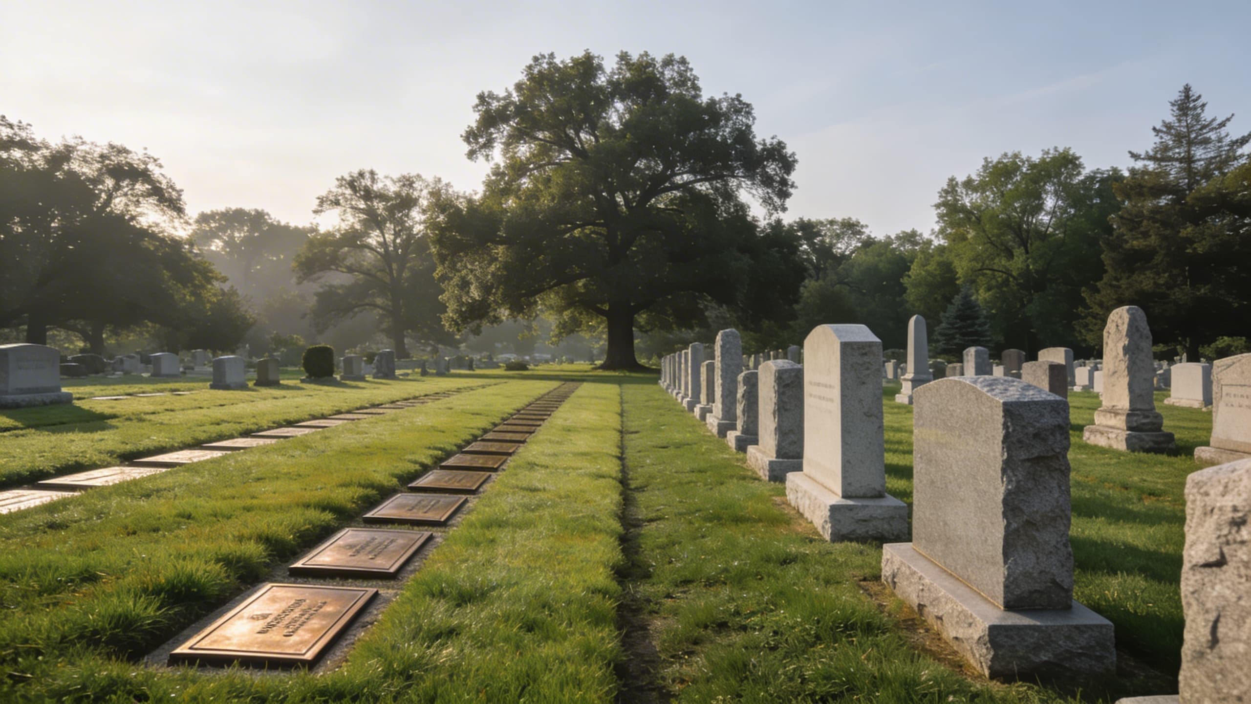 A well-maintained cemetery showing flush markers level with the lawn on one side and upright granite monuments on the other, separated by a tree-lined pathway