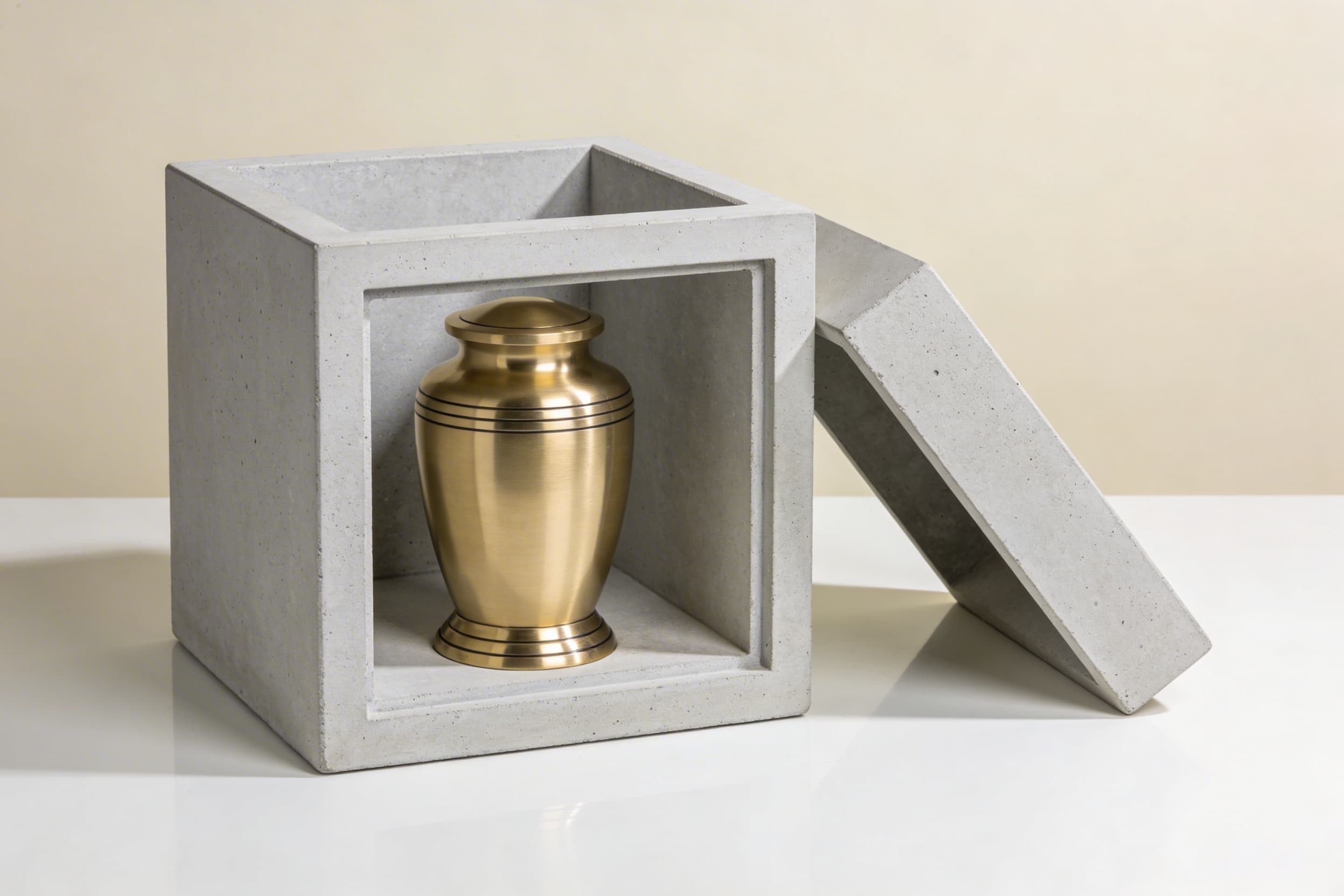An open concrete urn vault with a polished brass cremation urn placed inside, showing how the vault protects the urn for ground burial