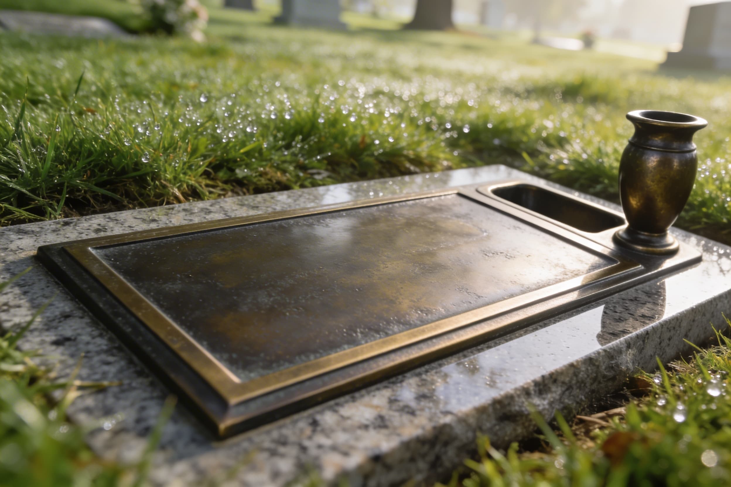 A bronze flush grave marker set into a granite base at lawn level in a memorial park, with an integrated vase holder on one side