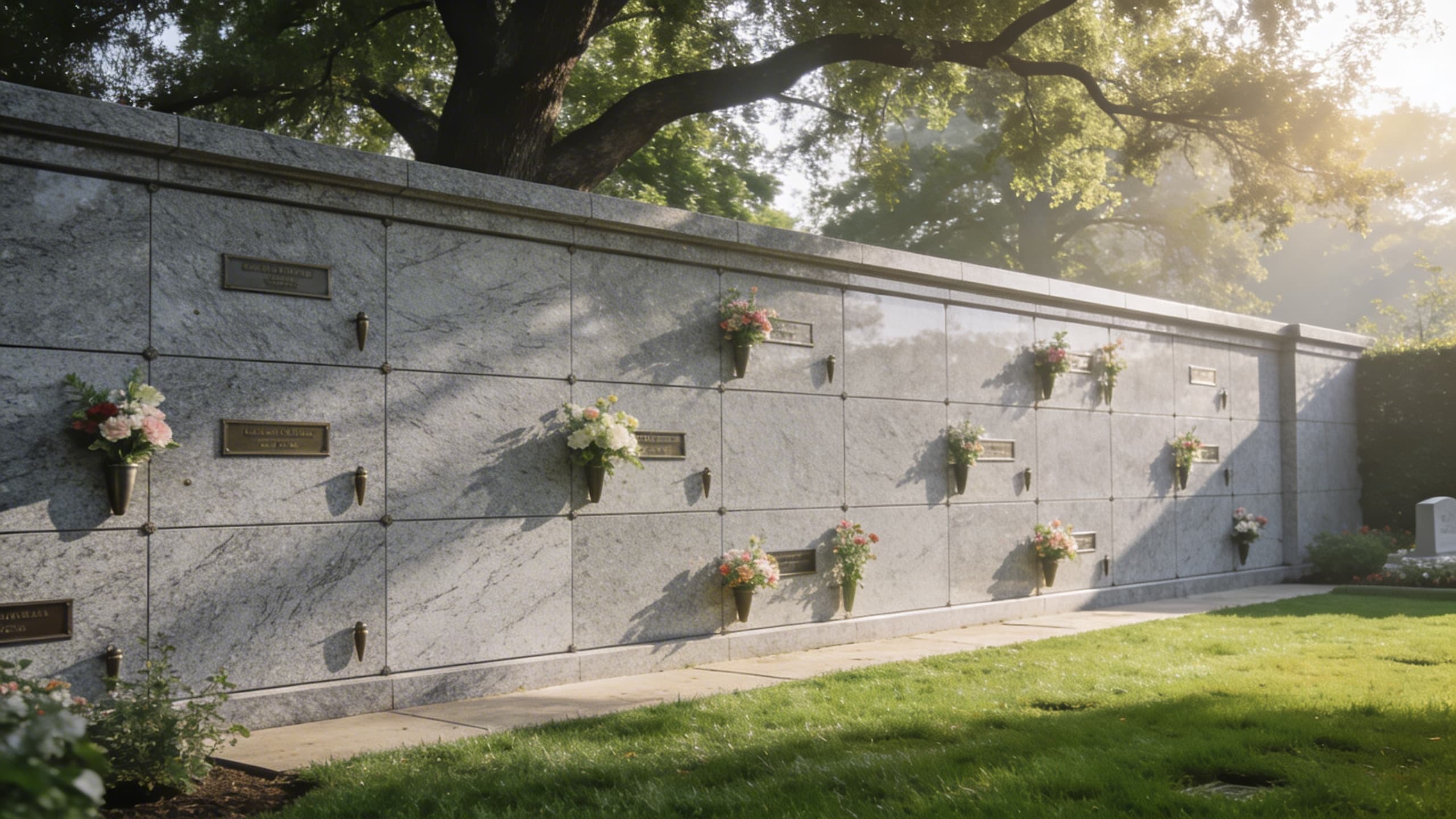 A sunlit outdoor columbarium wall in a landscaped cemetery garden with small flower arrangements placed at several niches