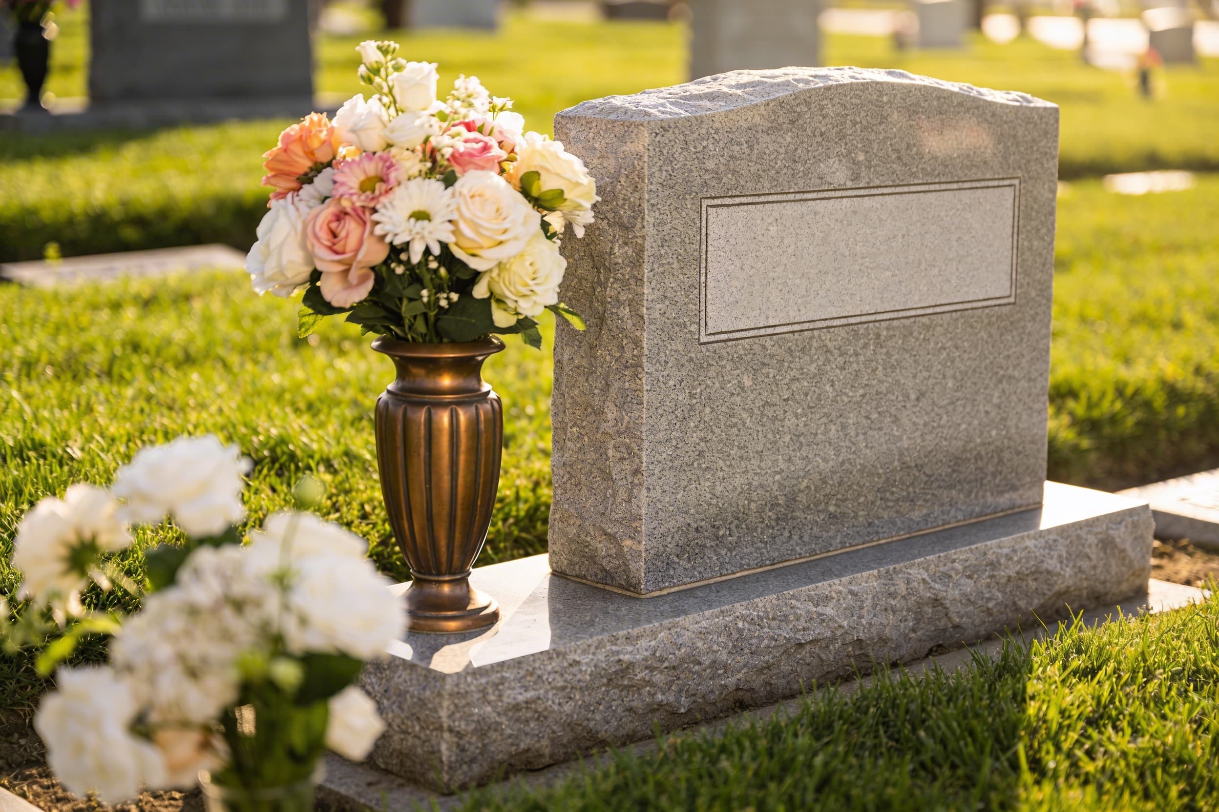 A well-maintained cemetery burial plot with a granite headstone surrounded by fresh flowers on a sunny morning