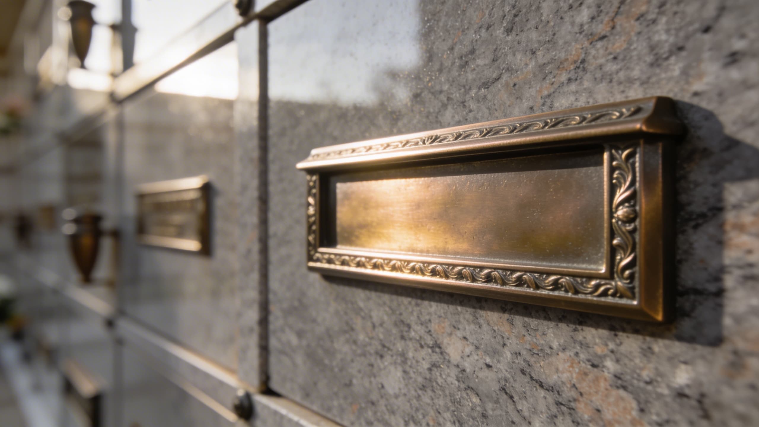 A polished bronze cremation niche plaque with engraved name and dates mounted on a granite columbarium wall in soft natural light