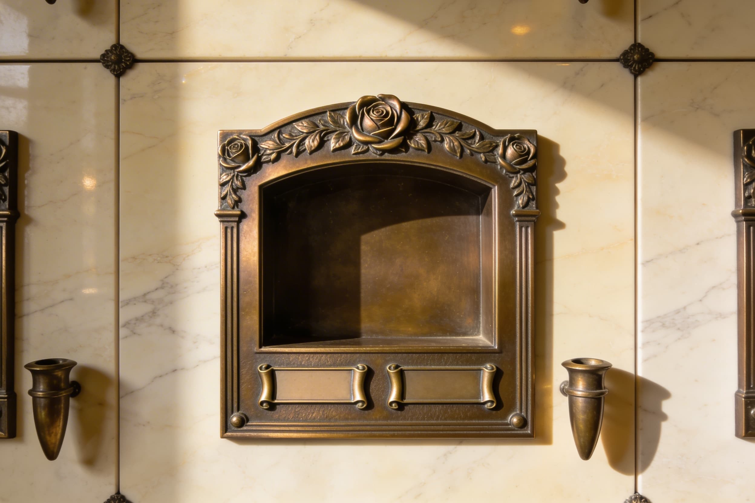 A companion bronze niche plaque featuring a rose border design and scroll date space on a marble columbarium face