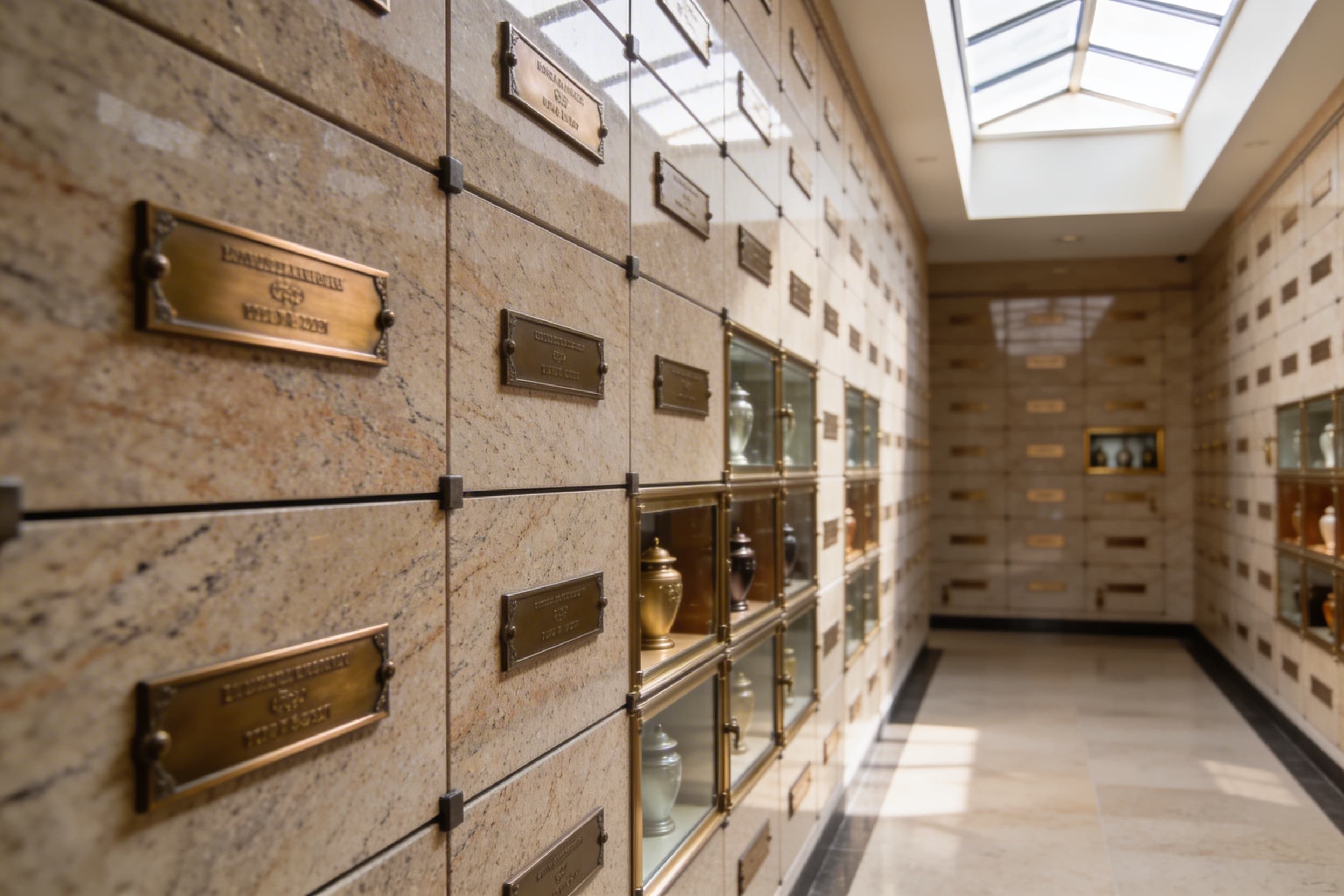 The interior of a sunlit columbarium showing rows of cremation niches with bronze plaques and glass-front display niches