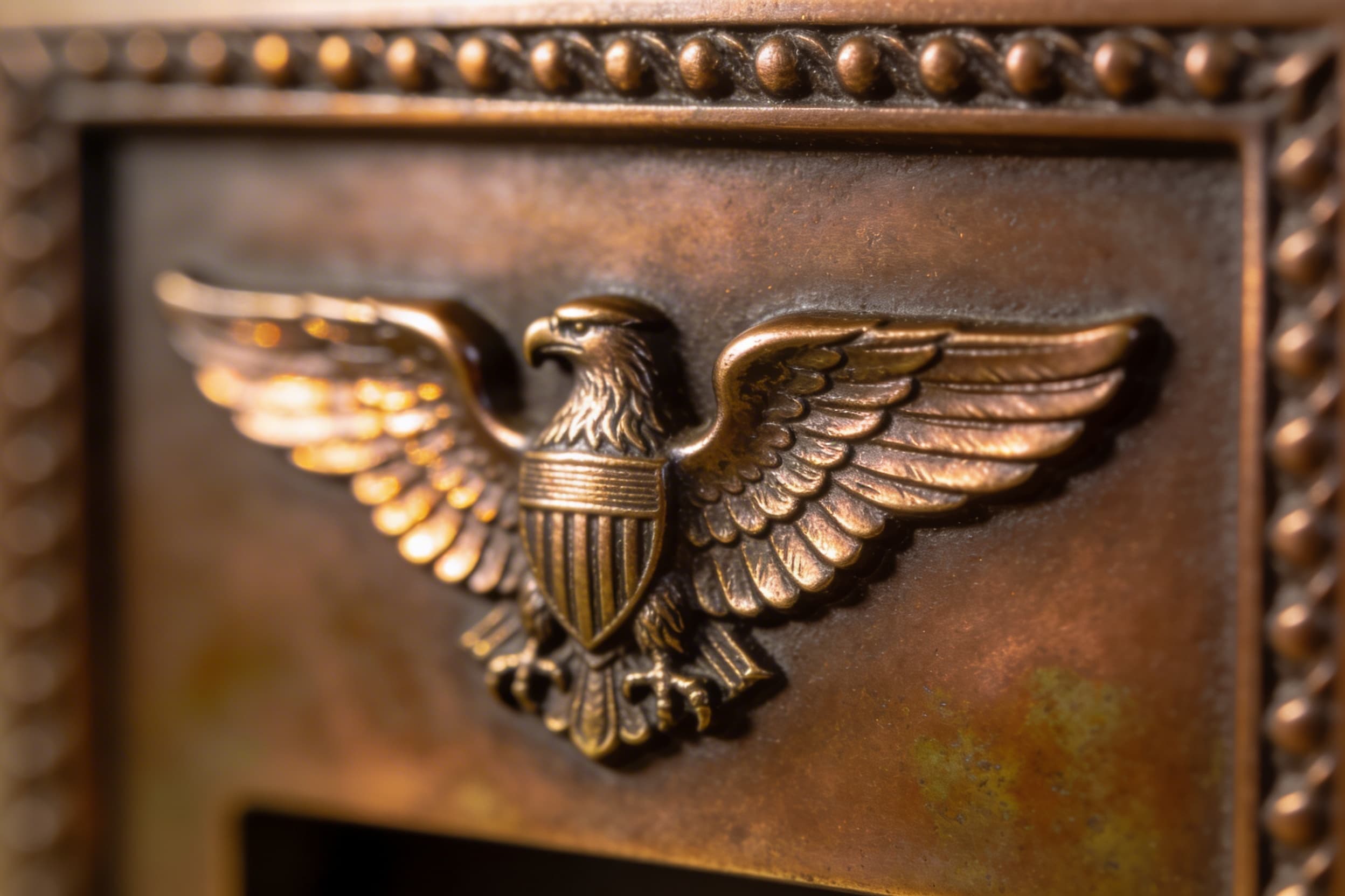 A close-up view of a sculpted military emblem on a bronze niche plaque showing fine relief detail