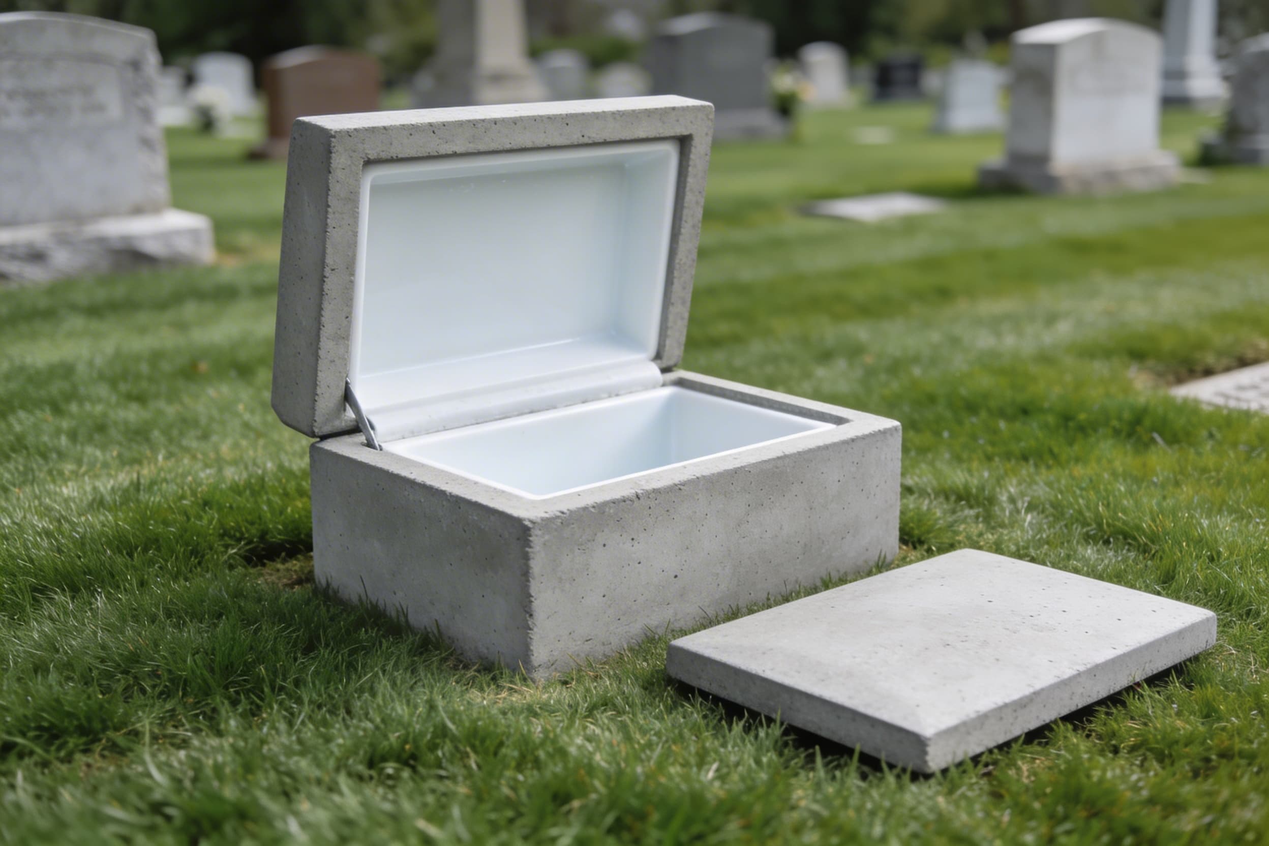 An open concrete cremation vault sitting on green cemetery grass with the lined interior visible and the lid resting beside it
