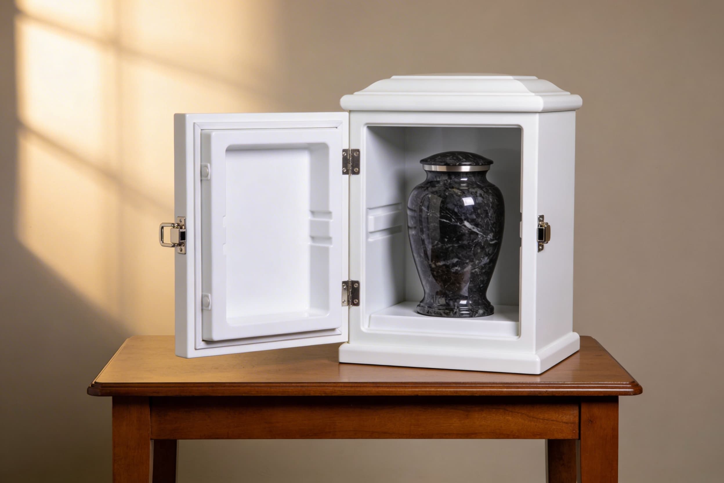 A white polymer cremation vault with locking clasps shown open with a dark marble cremation urn placed inside