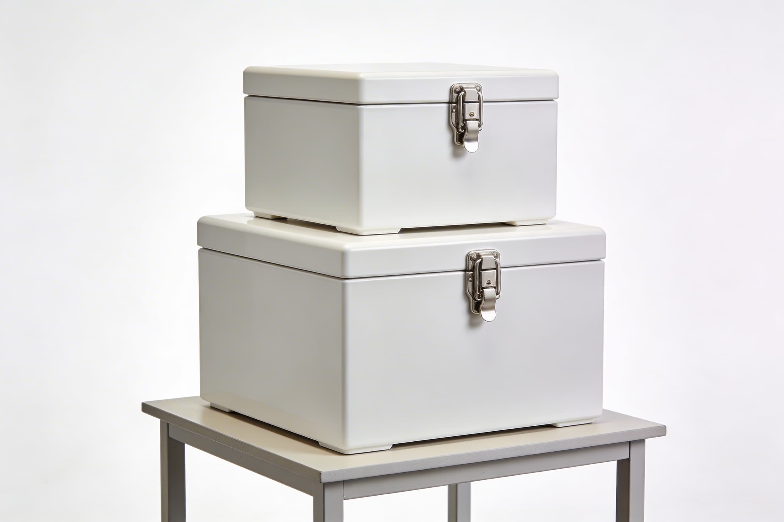 Two low-profile polymer cremation vaults stacked on top of each other on a display table showing how they fit for companion burial