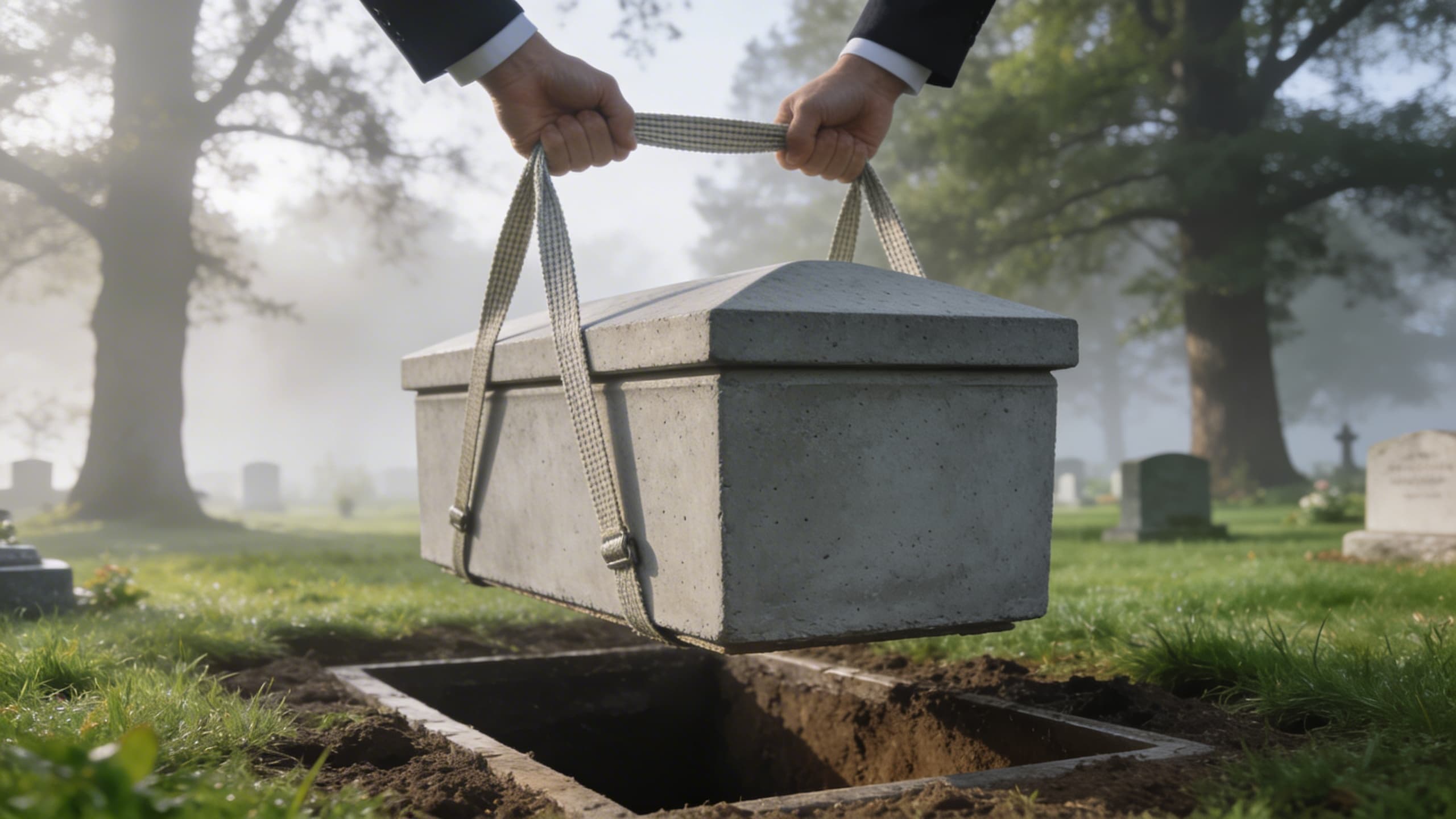 A cremation vault lowered into a grave