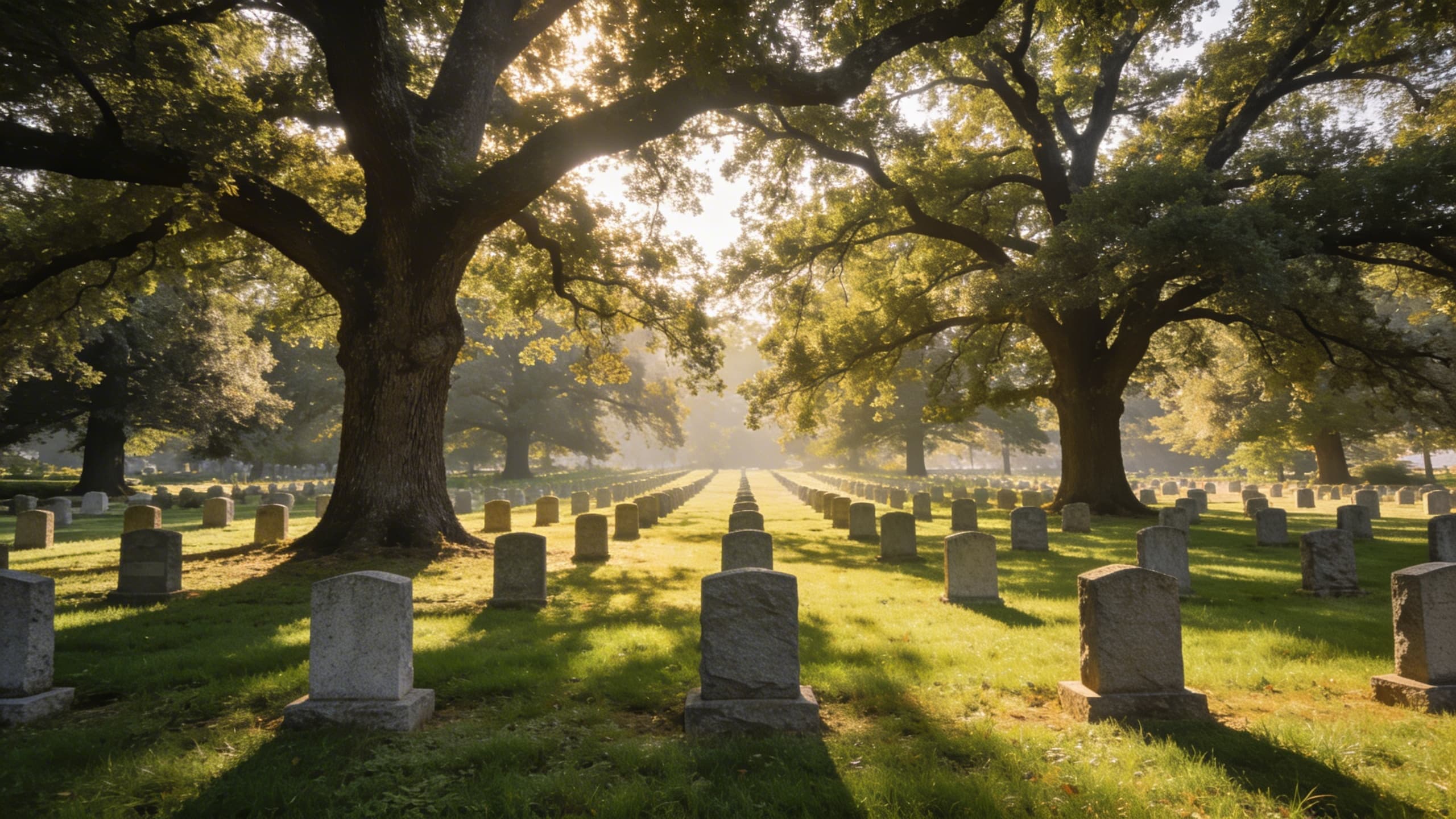 A peaceful public cemetery with mature oak trees, manicured grass, and rows of granite headstones under morning sunlight
