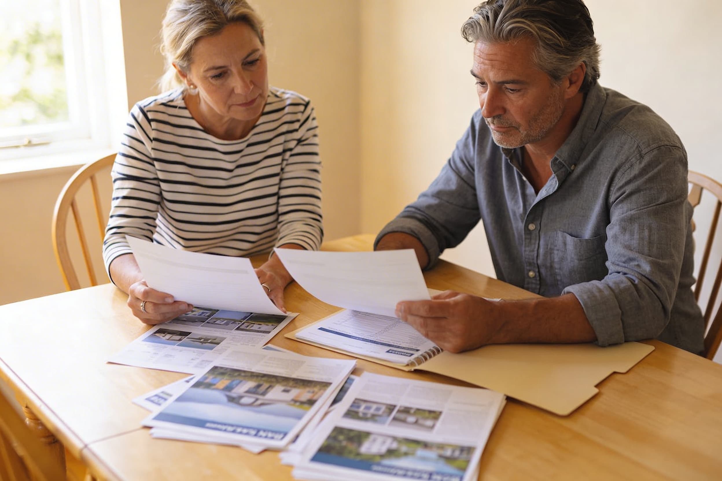 A family sitting at a table reviewing cemetery cost paperwork and brochures, with documents spread in front of them