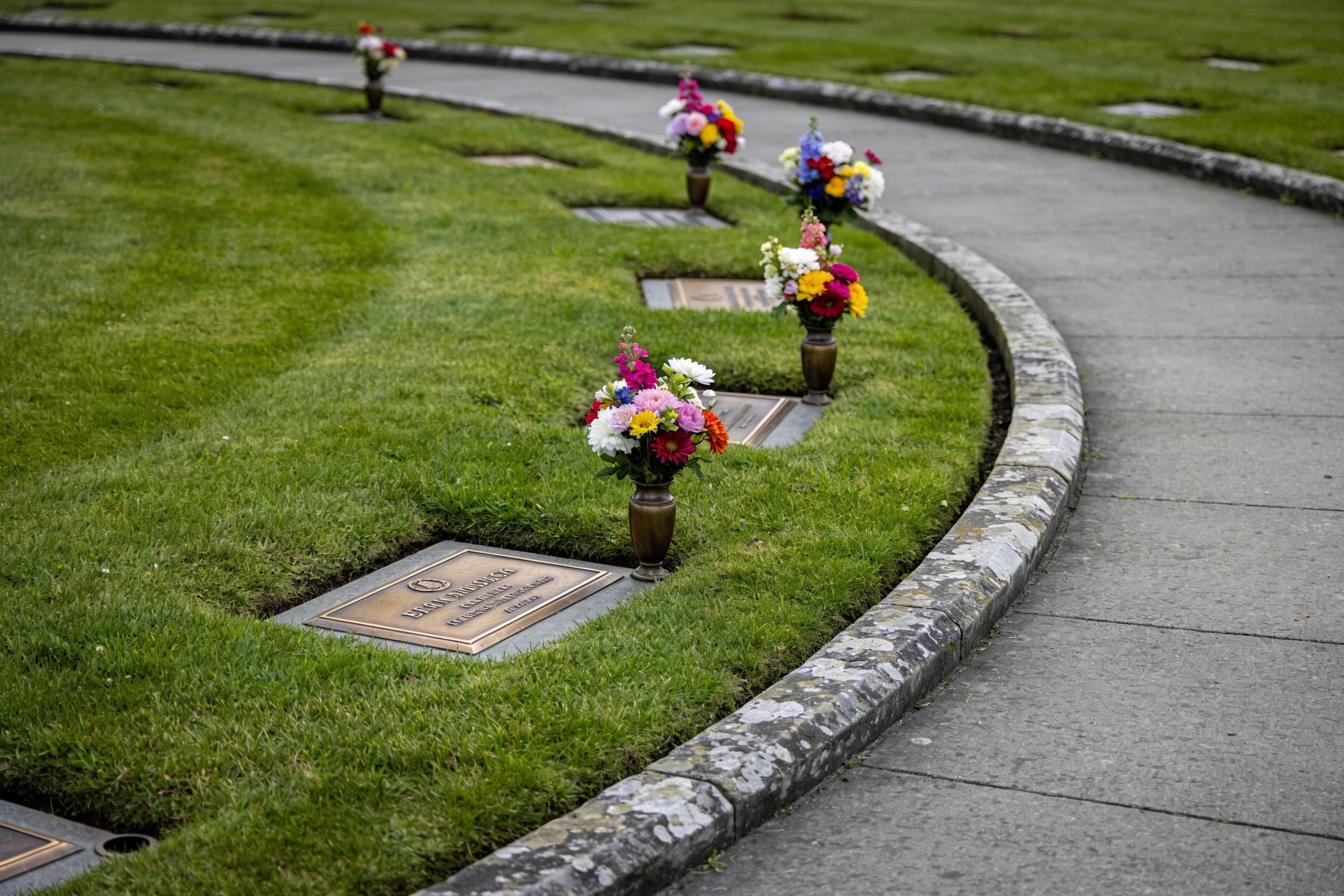A serene cemetery urn garden section with small flush markers, colorful flowers, and a winding stone path