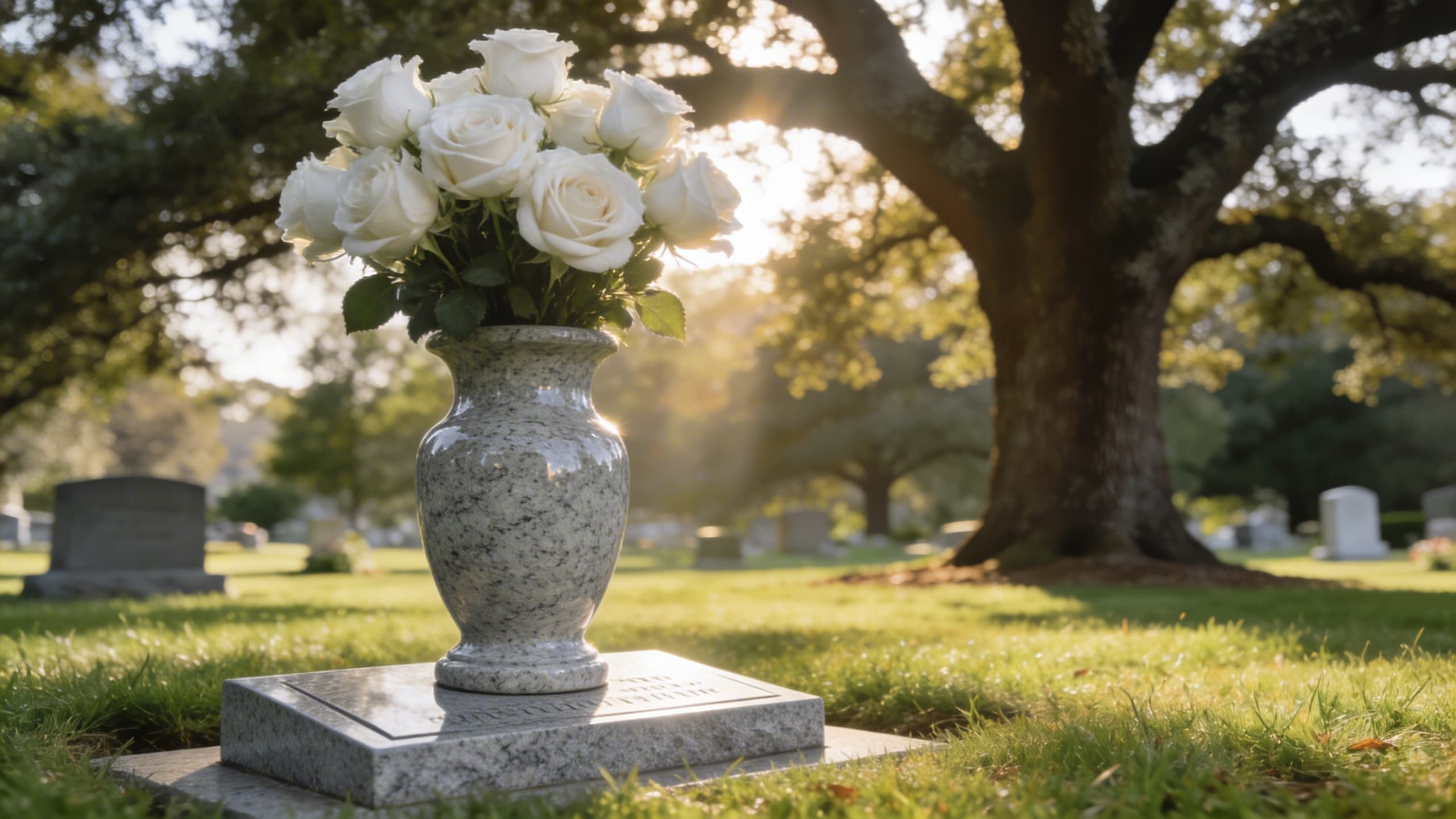 A polished gray granite cemetery vase filled with white roses placed on a headstone base in a well-kept cemetery on a sunny morning